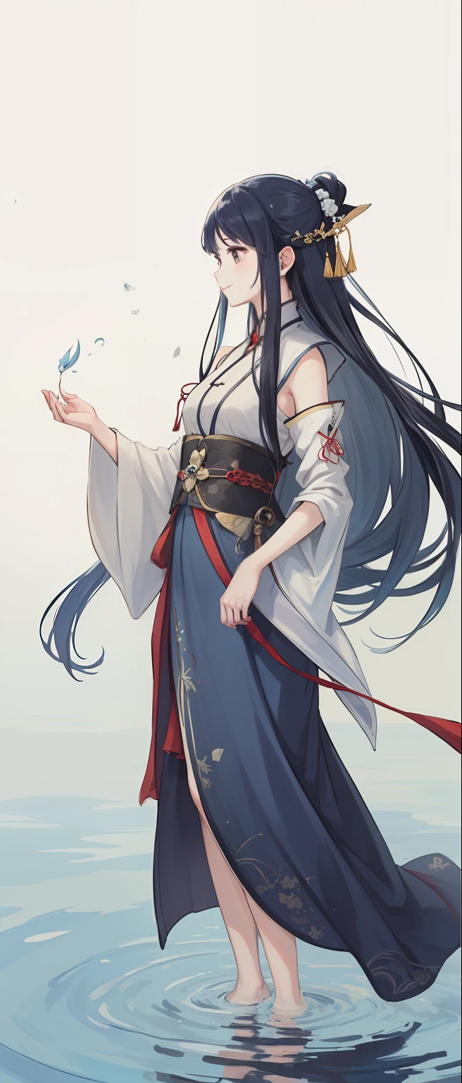 ((4k,masterpiece,best quality)), shuimobysim, traditional chinese ink painting, lotus, hanfu, maxiskit, dress conservatively 1girl, solo, long blue hair, smile, standing, feet in the water, barefoot,