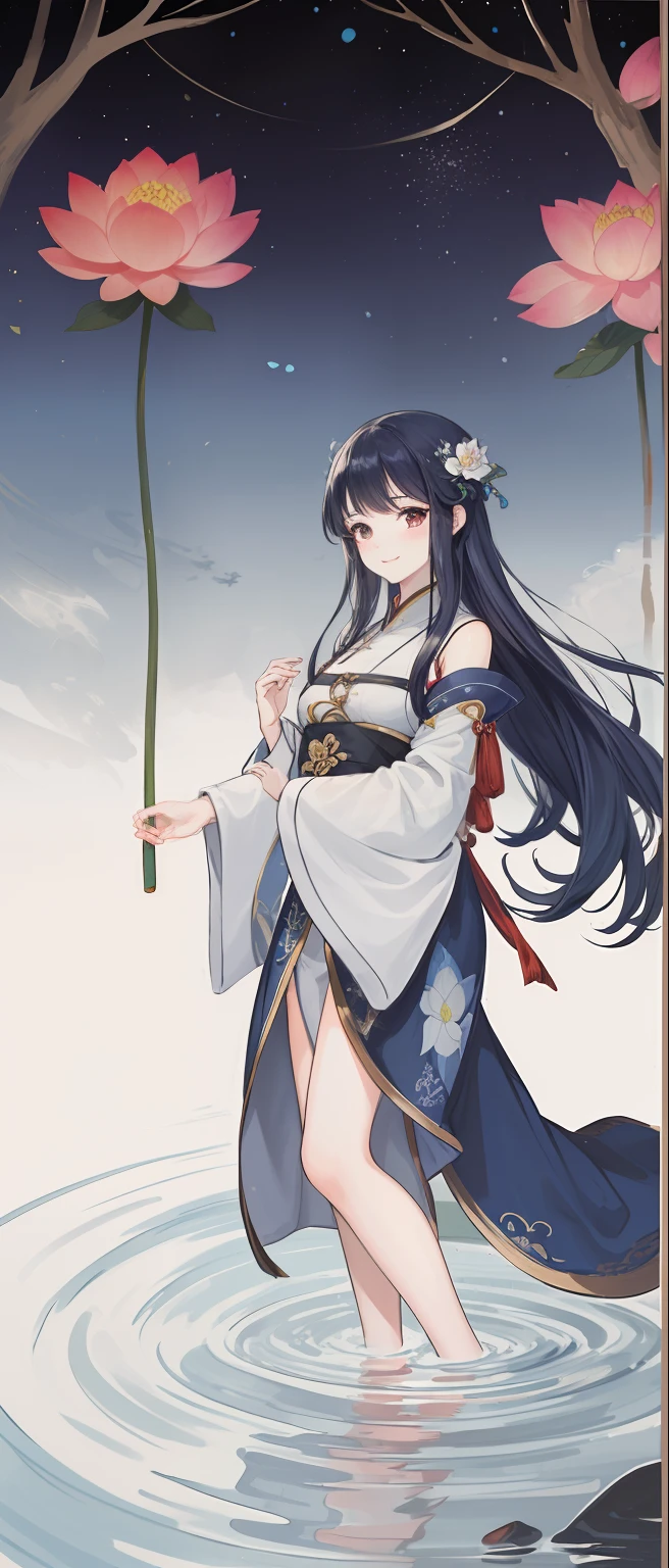 ((4k,masterpiece,best quality)), shuimobysim, traditional chinese ink painting, lotus, hanfu, maxiskit, dress conservatively 1girl, solo, long blue hair, smile, standing, feet in the water, barefoot,