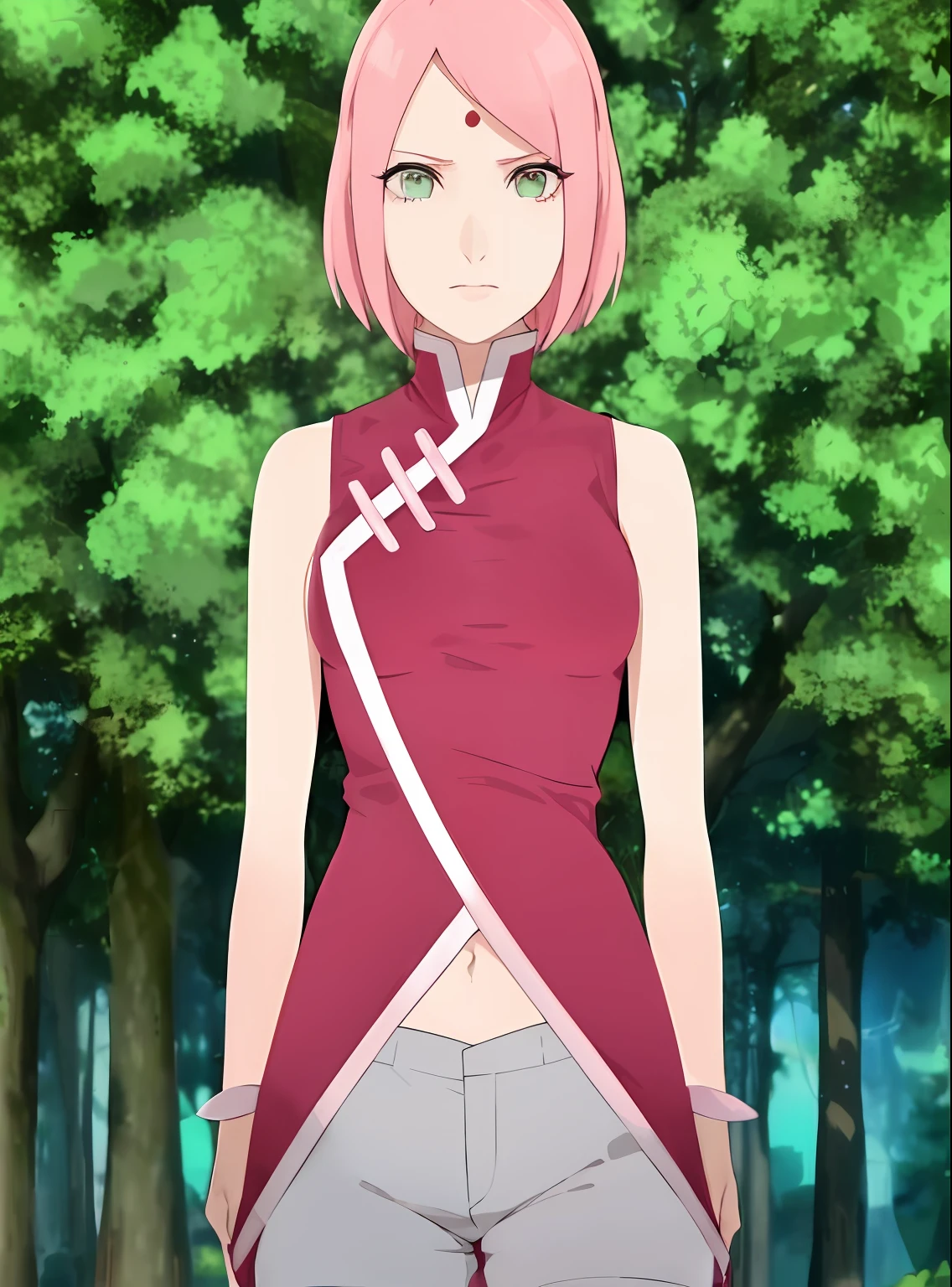 a woman in a red top and grey pants standing in front of trees, sakura haruno, sakura haruno in slug sage mode, haruno sakura, sakura petals around her, sakura kinomoto, from naruto, anime girl named lucy, hints of yayoi kasuma, kunoichi, inspired by Munakata Shikō, pink iconic character
