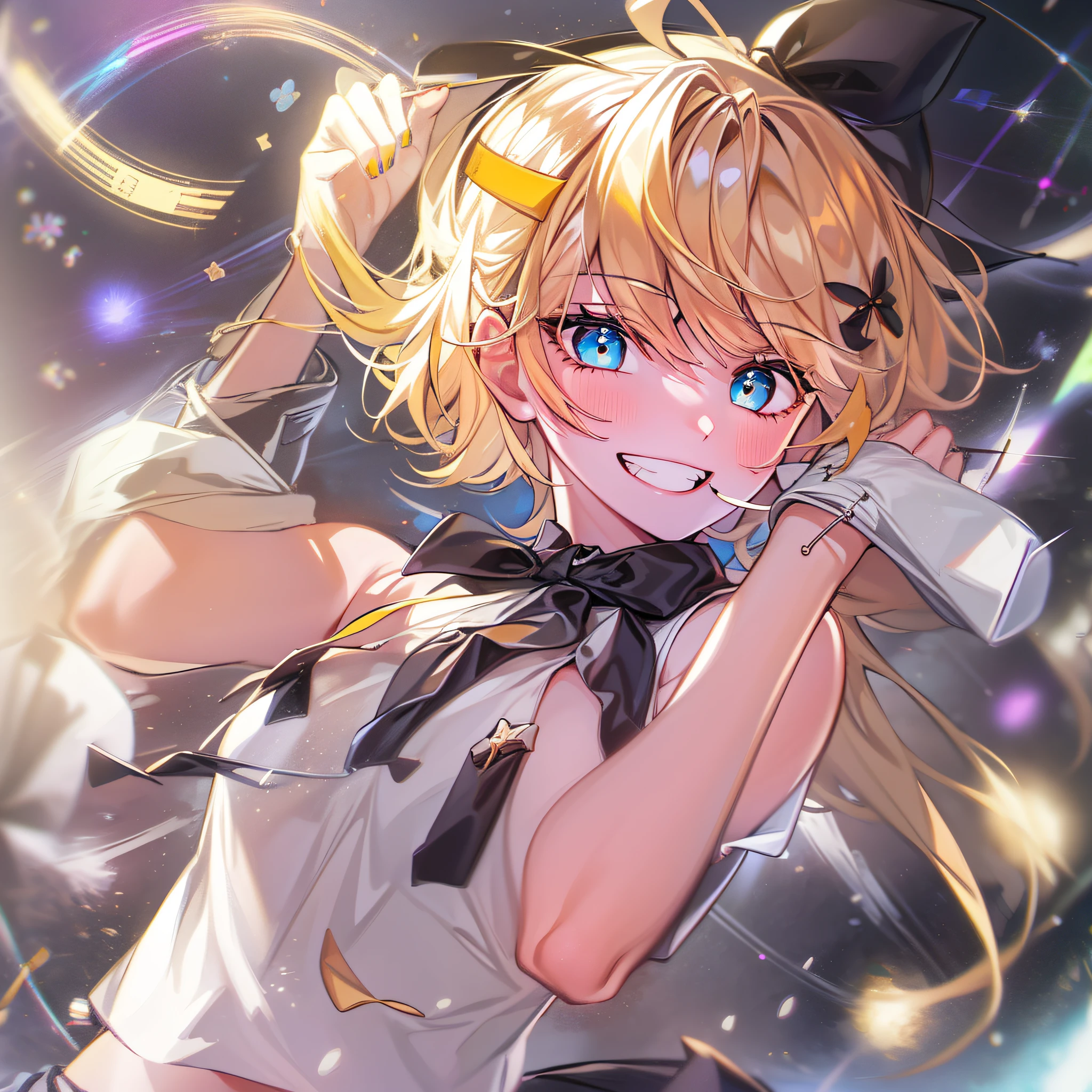 1girl, solo, stage, particle, of lights, masterpiece, best quality, kagamine rin, yellow hair, outdoors,hair ornament, smile, hairclip, blue eyes, looking at viewer, sailor collar, short hair, yellow neckerchief, neckerchief, bow, upper body, hair bow, shirt, bangs, sleeveless, yellow nails, black sailor collar, white shirt, sleeveless shirt, swept bangs, nail polish, treble clef, white bow