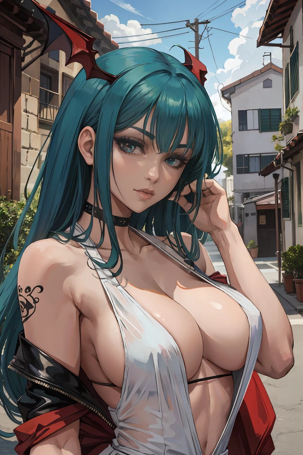 Garota anime em uma saia curta e top posando em uma rua da cidade, Morrigan, Retrato sedutor de Morrigan, Morriga deathstalker, menina anime sedutora, Morrigan glamourosa, badass anime 8 k, menina anime atraente, estilo anime 4K, Artgerm extremamente detalhado, full body, sexy body, sexy eyes, sexy face