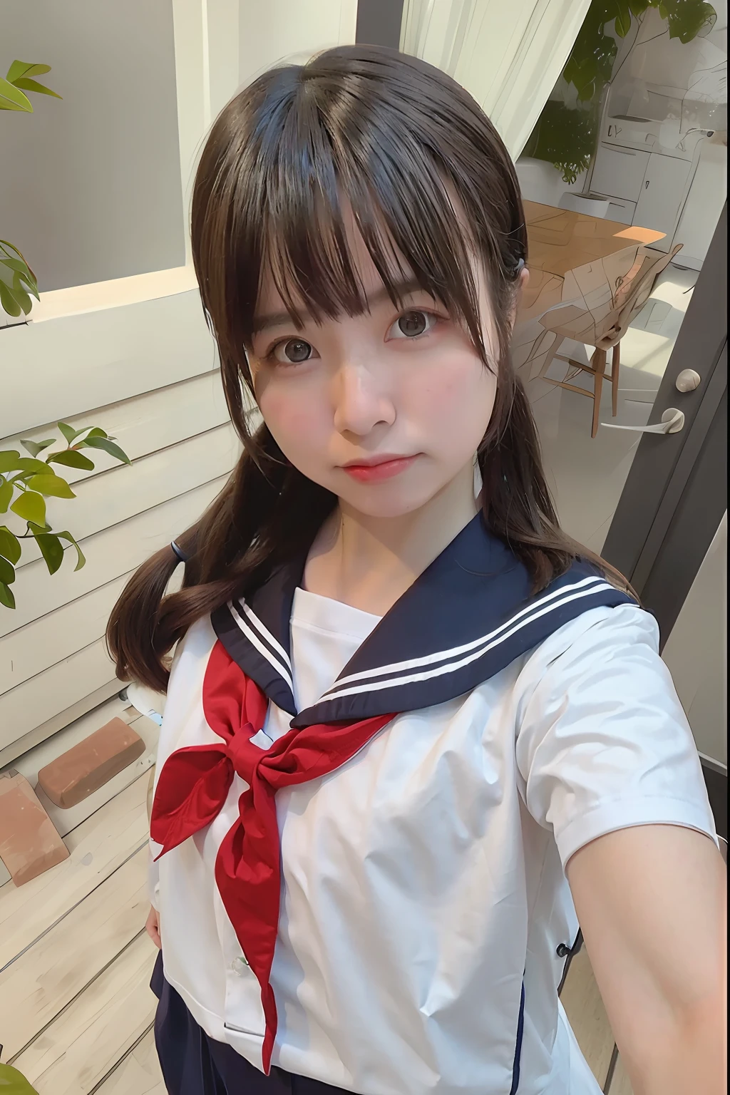 Young girl in sailor suit is taking pictures, Selfie in 8K, wearing japanese school uniform, taken with sony alpha 9, a hyperrealistic schoolgirl, sakimichan hdri, 8K!!, 奈良美智, zora々Shishi Japan of Girls, chiho, Realistic Young Gravure Idol、a little big chest、Hands outstretched towards me、poneyTail、
