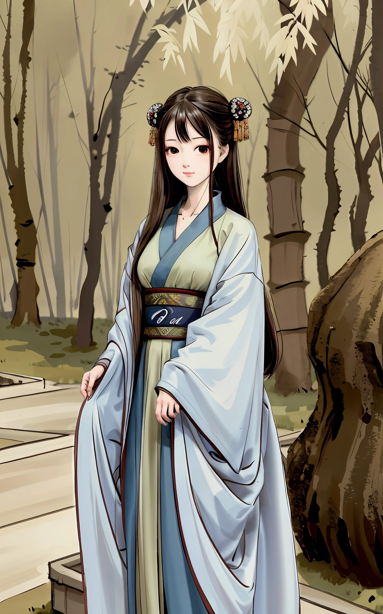 shukezouma, Negative space, , shuimobysim , Portrait of a woman standing , Willow branches, (Masterpiece, Best quality:1.2), Traditional Chinese Ink Painting, ModelShoot style, Peaceful, (Smile), view the viewer, wearing long hanfu, Hanfu, Song, Willow tree in background, wuchangshuo,