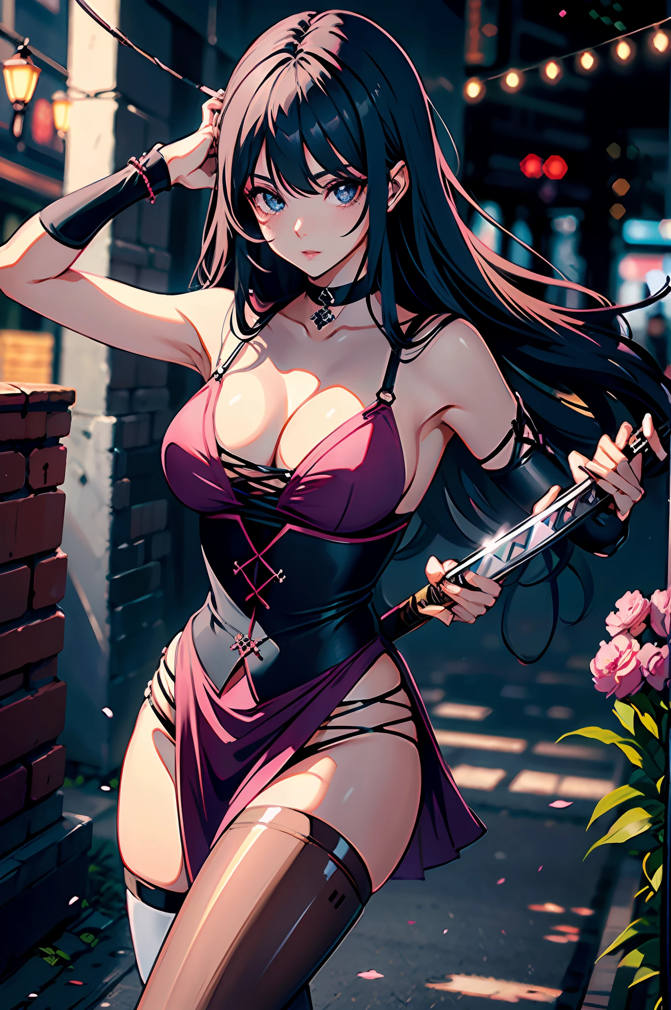 "(mulher bonita, sedutora) segurando uma (katana), (cabelo longo e rosa), (olhos azuis), (roupa branca), (estilo anime 8k), (imagem ultra detalhada), (cidade)"