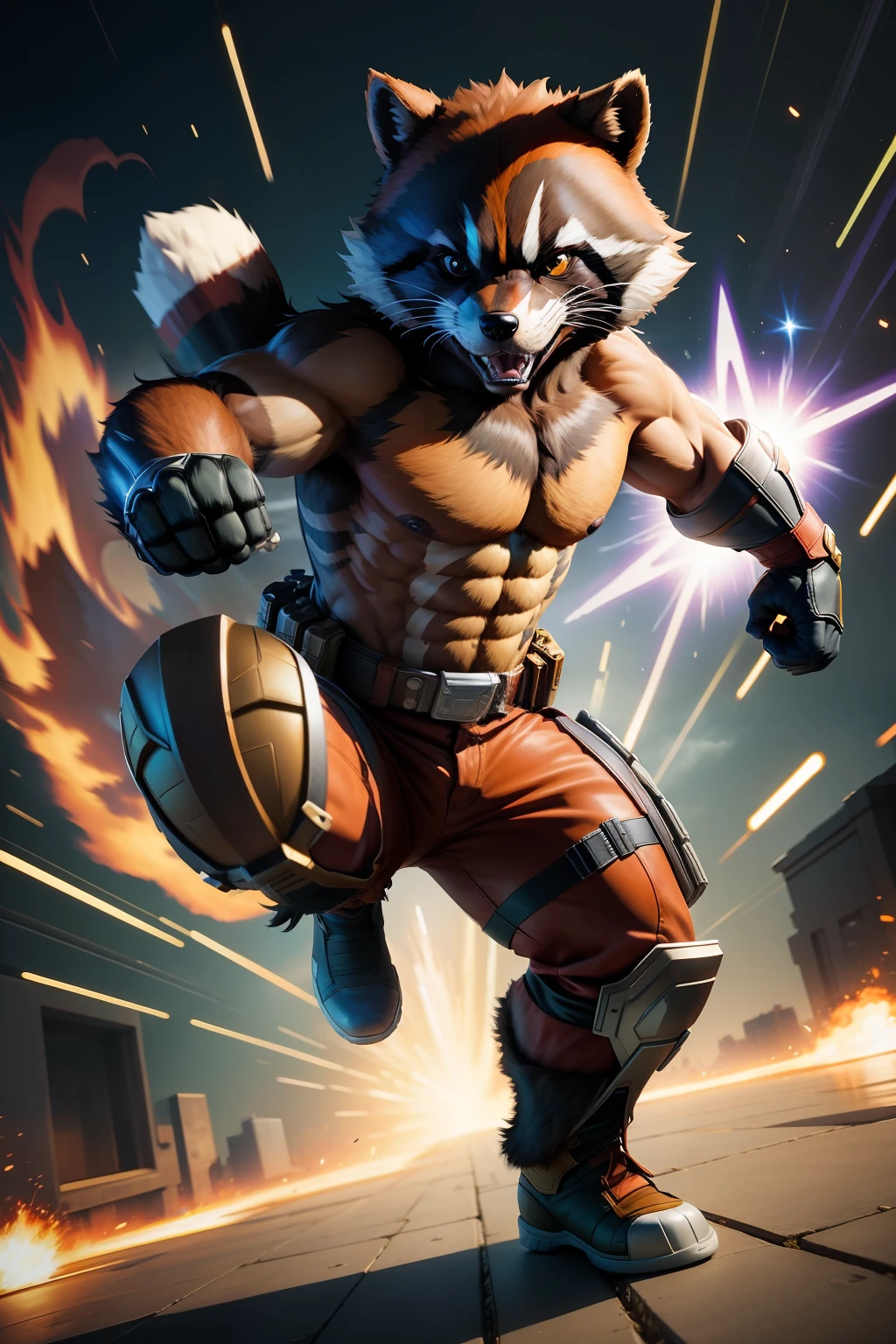 solo, masterpiece, best quality, medium shot of Rocket Raccoon, marvel, fighting stance, dynamic angle