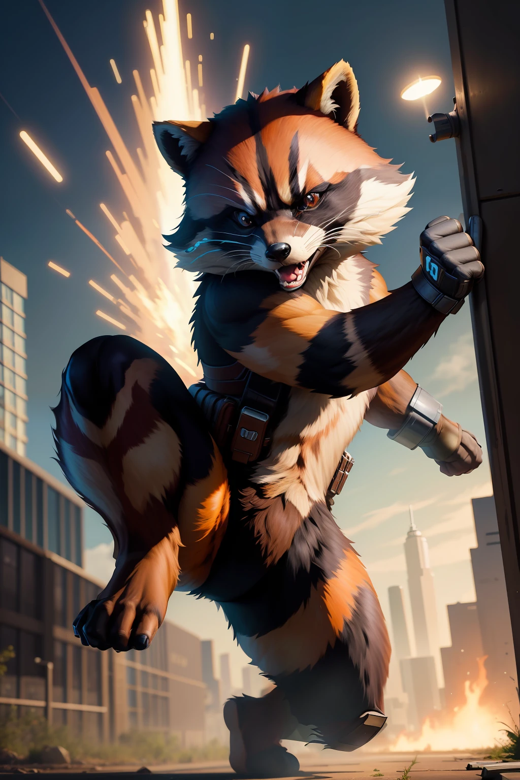solo, masterpiece, best quality, medium shot of Rocket Raccoon, marvel, fighting stance, dynamic angle