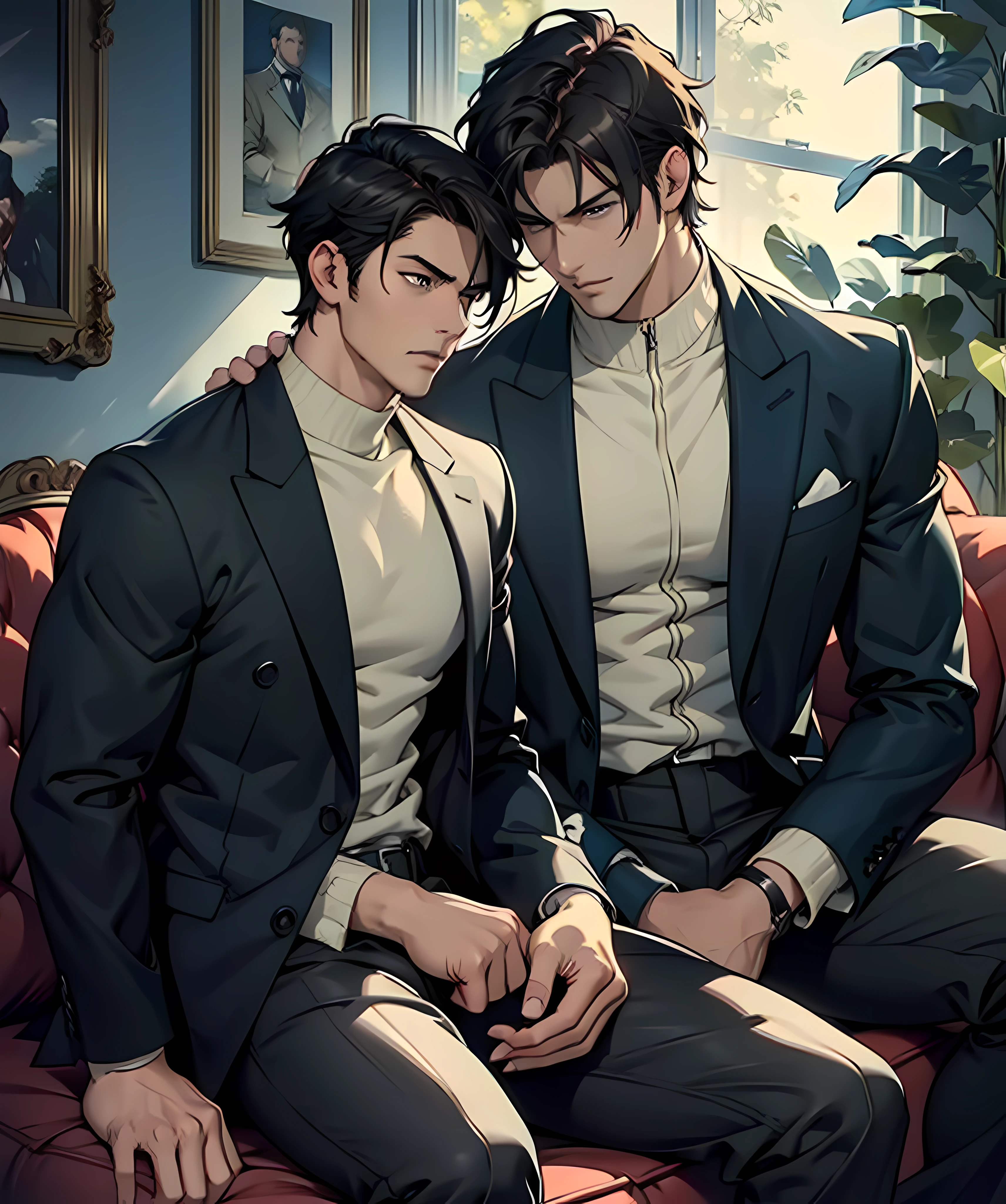 tall muscular,Style image of man and man sitting on sofa, Two anime handsome men,2male、Adults、a handsome、tall muscular man、broad shoulder、Detailed eyes and detailed face、top-quality, masterpiece, hight resolution, Male Focus、coat、sit on sofa、Mystical lighting、Ethereal Atmosphere、dressed casually, jaket、JINS、closed clothes、natural soft light、darker shadows、Living Loo、Move ki、Refreshing、short-haired、turtle neck、adjacent、across、cool、twinks、gentleman、