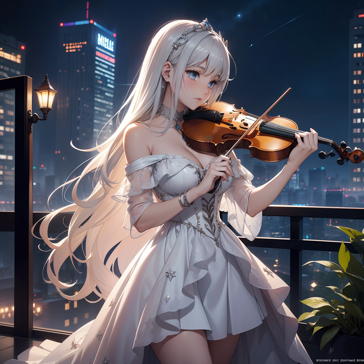 (masterpiece, best quality, ultra HD, 8k, wallpaper), cinematic view, full body view, side view, perfect body, perfect anatomy, curvaceous body, alluring, perfect hands, perfect eyes, detailed eyes, long round legs, round ass, amidst the glowing skyscrapers and serene city lights, a remarkable scene unfolds - a young female violinist stands elegantly, (her radiant presence exuding confidence as she skillfully plays her violin), the warm breeze gently sweeps through her long, flowing hair and sheer sleeves, swaying with her movements, the dress is a celestial masterpiece, glowing in soft, ethereal silver with intricate constellations and delicate musical notes. The off-shoulder neckline and sheer bell sleeves add grace, while silver beading sparkles like stars, emphasizing its enchanting allure, perfectly suited for a blonde-haired violinist, knee-high leather boots in a complementary shade of blue exude sophistication as she gracefully captivates the audience with her enchanting music, around her neck, a dainty silver violin-shaped pendant symbolizes her love for the instrument, the backdrop features a harmonious blend of modern architecture and lush greenery, with neon lights reflecting off the towering skyscrapers and a touch of nature through rooftop gardens and hanging plants, as dusk descends, the city's lights begin to twinkle, and stars emerge in the dusky sky, creating an enchanting ambiance, the soft, warm illumination from street lamps and surrounding city lights accentuates her elegance, while her melodious music weaves harmony and tranquility throughout the bustling metropolis, inviting viewers to immerse themselves in this captivating world of art and music