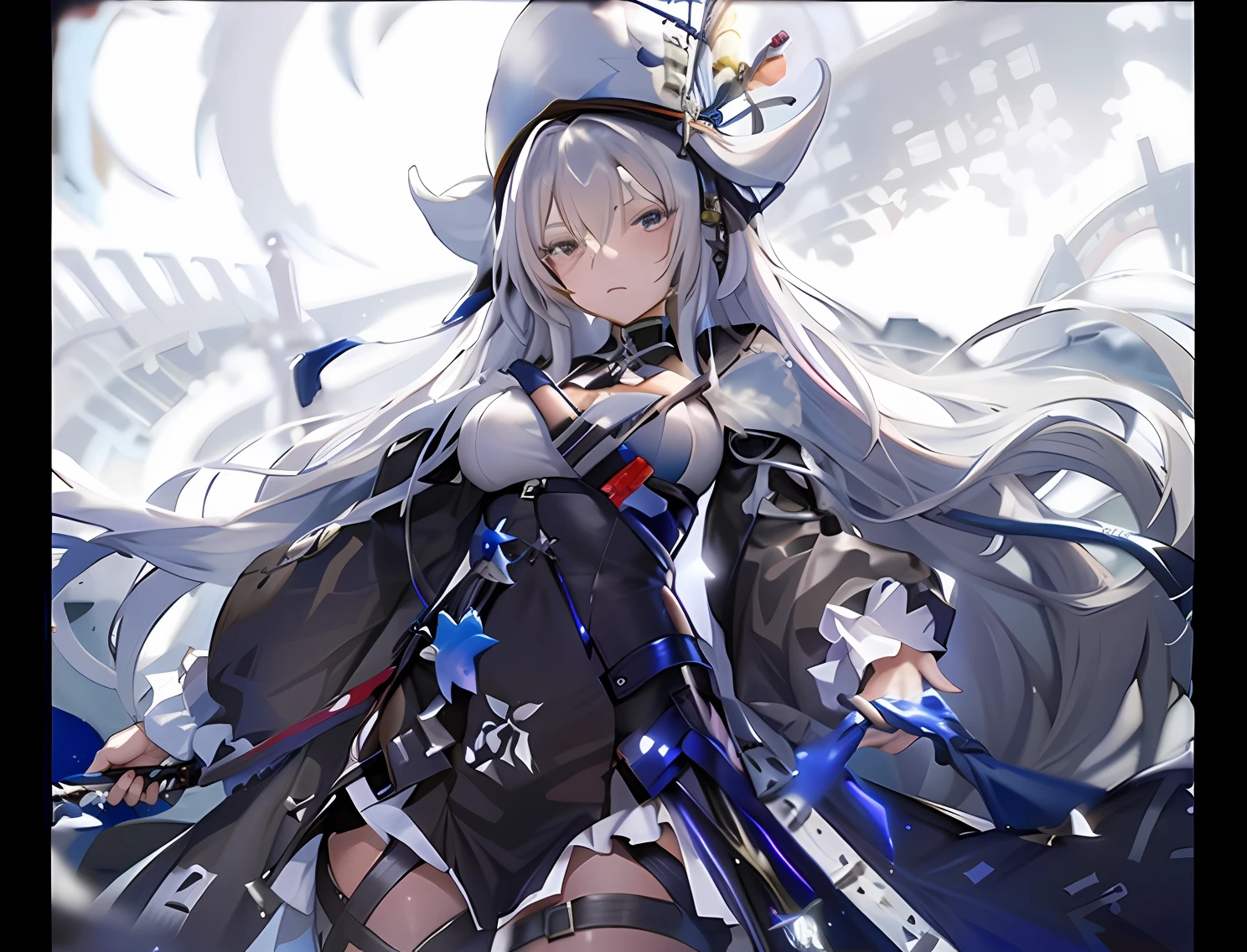 Anime girl with long white hair and hat，With a sword，Wander through the night of the ark。Blue Lane style girl front character，Well presented《azur lane》The atmosphere of a video game。The universe in which the girl is located carries the art of anime that is detailed and critical，It shines with a unique charm in Genshin。