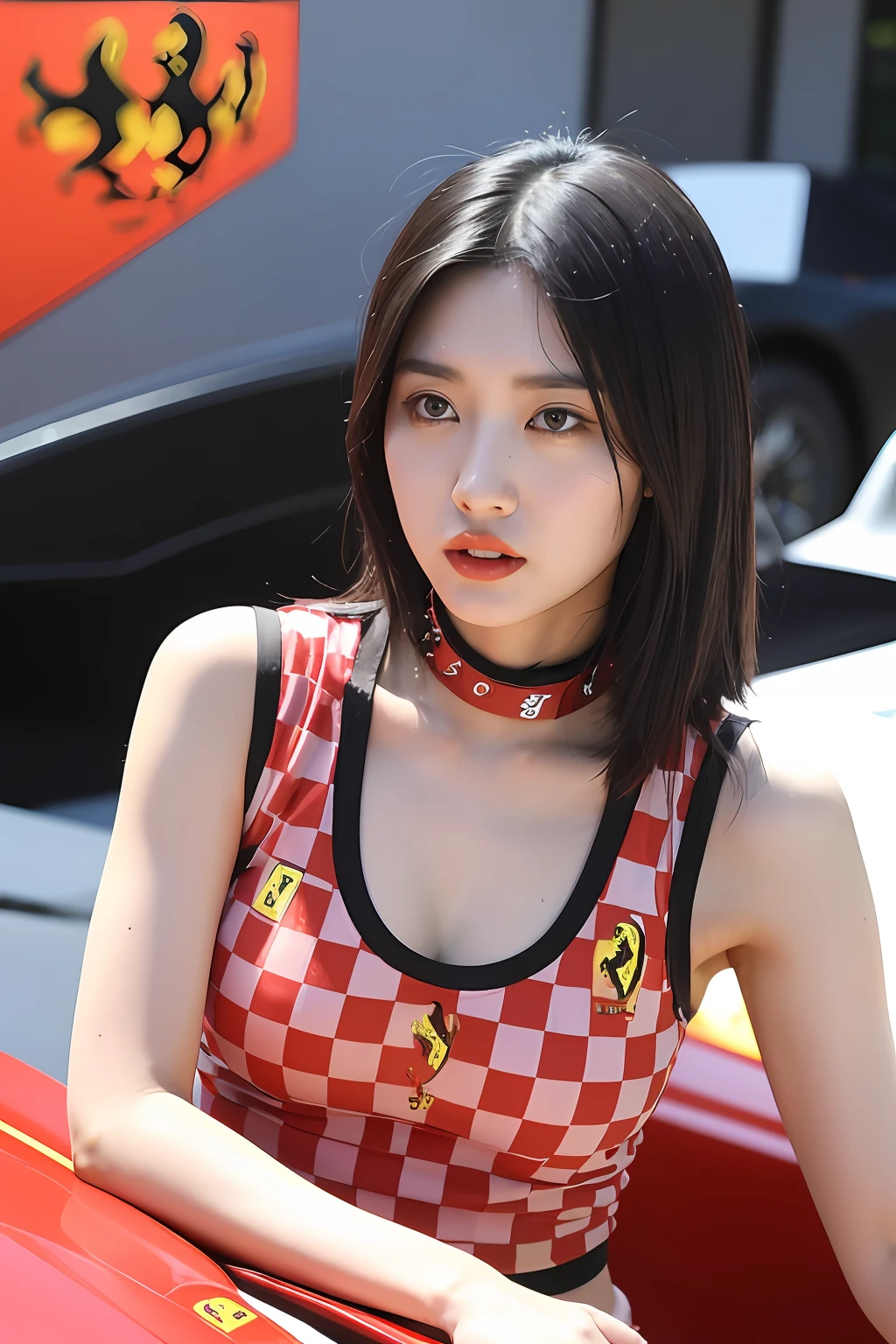 (extra detailed body、extra detailed face、best qualtiy:1.2)、femele、looking at the viewers、(Tank top with checkerboard collar、JINS)、(Ferrari in the background:1.4)