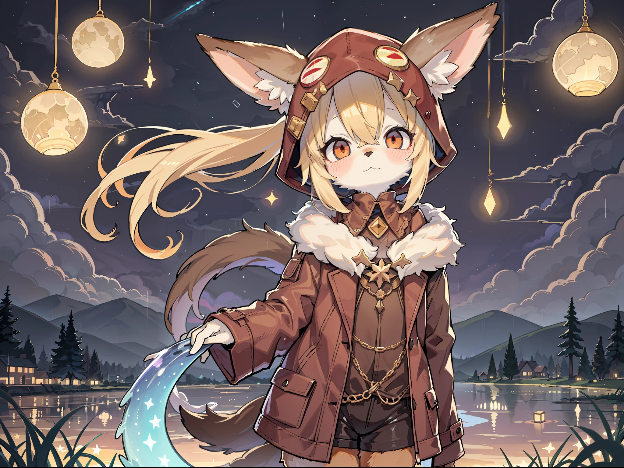 Shota the fox,hairy pubic,shaggy,Skin fur,Golden fur,Golden yellow face fur,Short straight blonde hair,Eyes have light,Red eyes,Brown elements on fur,Brown coat brown hood up,Star pattern white top,brown shorts,Beautiful lights and shadows,Ambient light,Ultra-fine fur,volumettic light,natural lightting,Fluffy tail,No Man, Lake, dark scenery, rain,Night,starrysky,Vast landscape,crossed bangs, Hairline, Shiny hair, lone nape hair, ,Dilated pupils,Sleepy,(moon full:1.2),(meteors:0.9),(Starcloud:1.3)(Warm light source:1.2),Rained,wetclothes, (overcast sky, Standing downpour:1.1), Extra-long sleeves, Purple and orange,Complicated details,Volumetriclighting,Realist breakthrough(tmasterpiece:1.2)(best qualtiy),4K,Ultra-delicate,(Dynamic configuration:1.4),Highly detailed and colorful details,(Irridescent color :1.2),(luminouslighting,Atmospheric lighting),dream magical,magic,(独奏:1.2)Glowing light,Empty eyes,Single