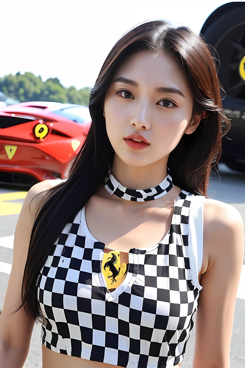 (extra detailed body、extra detailed face、best qualtiy:1.2)、femele、looking at the viewers、(Tank top with checkerboard collar、JINS)、(Ferrari in the background:1.4)