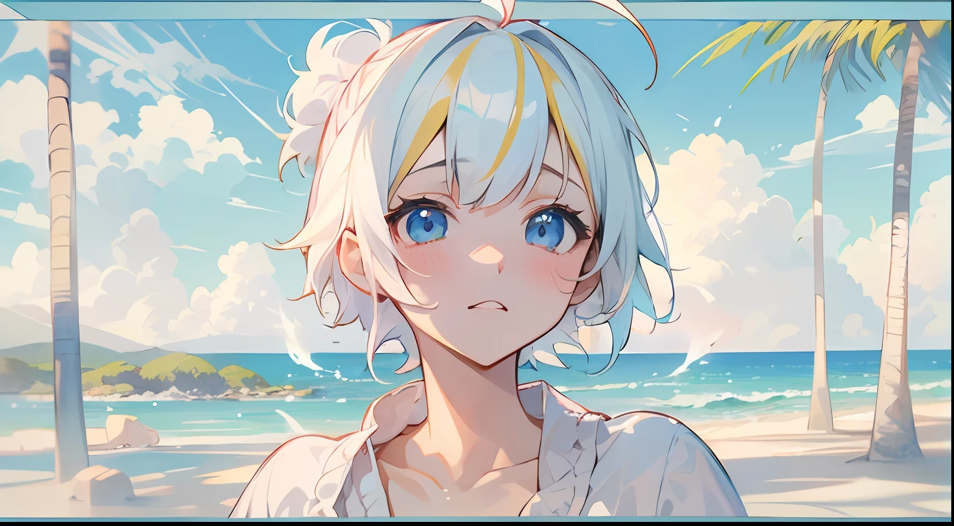 ((4K, masutepiece, absurderes, hight resolution, Best Quality, ultra-detailliert)), 1girl in, white short hair, Two-tone hair, Pony tail, Forehead, bangs pinned back, Ahoge, Light blue eyes, Cute, blush, upward-eyed, Big eyes, tareme, Beach, cumulonimbus clouds,