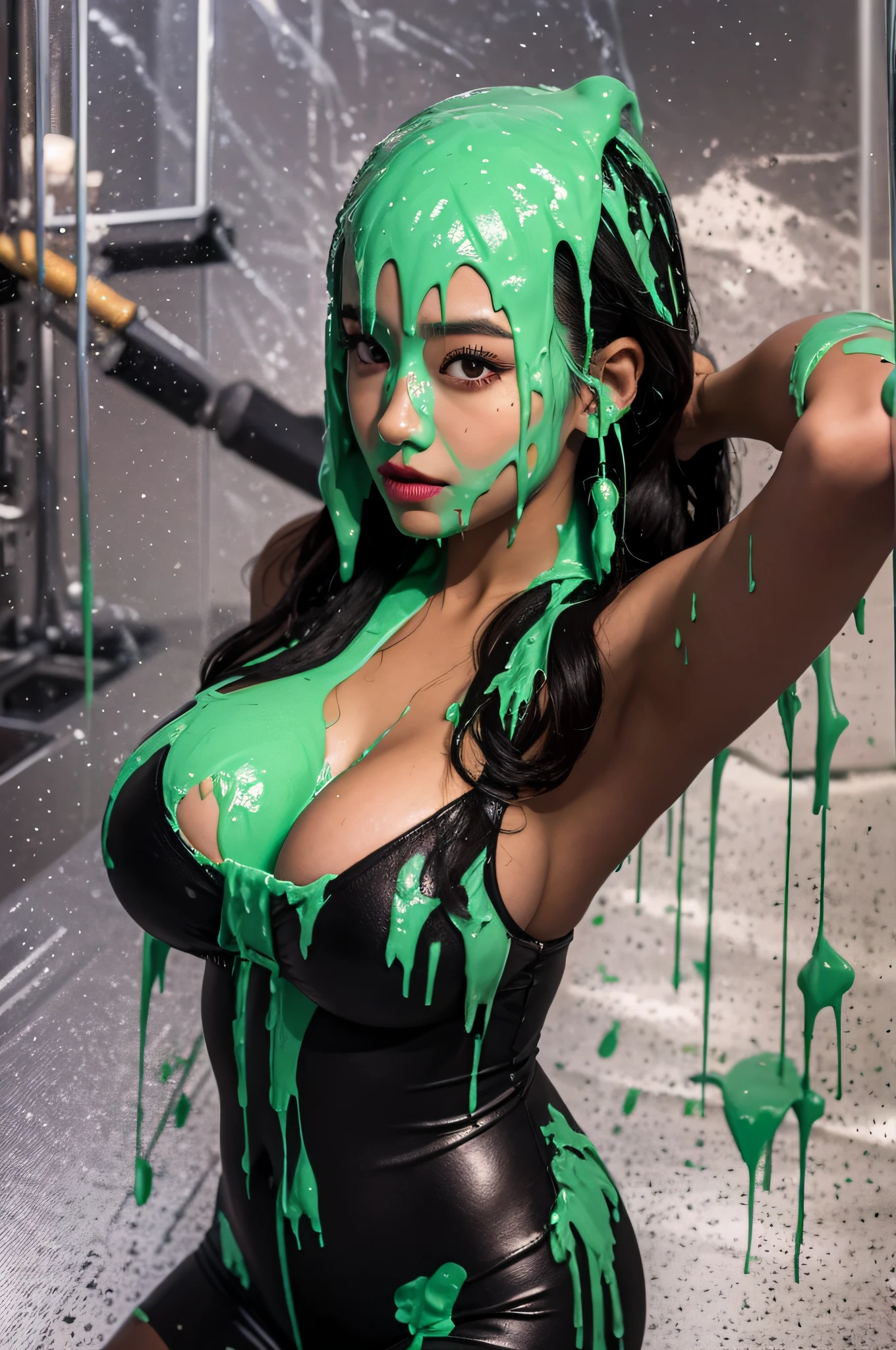 8k, hd, masterpiece, ultra detailed, hyper realistic, extreme realism, (21-year-old Japanese model: 1.9), 1 woman, (Asian woman: 1.7), tan skin, thick eyeliner, long eyelashes, red lipstick, short wavy hair, pigtails, skimpy dress, cleavage, city street, (slime dripping down head: 1.7), portrait photography, lens flairs