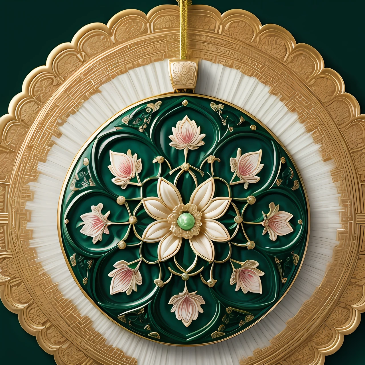 tmasterpiece,hyper qualit,Chinoiserie style,Classic elegance,Lotus pattern decoration combined with classic jade pendant,The surface of the jade pendant is delicate lotus texture pattern,extreme hight detail,4K,Fantastic light and shadow,fantasticcolors