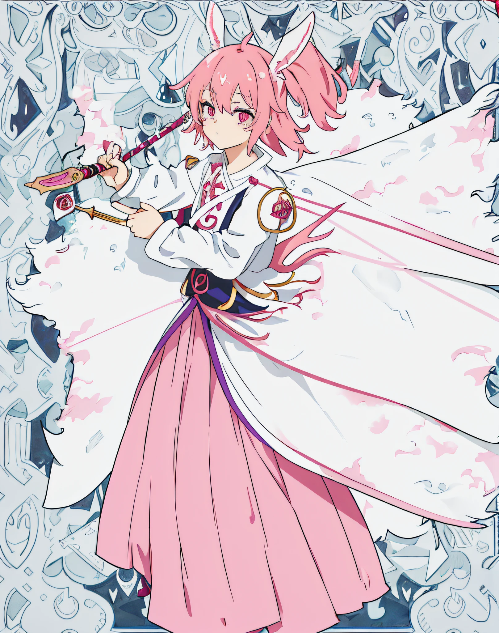 Fusion of the Dragon King Ninja Goto art style,A girly style created by Yuki Ogura,Pink medium hair,Miniature rabbit ears,White undershirt with skirt,Left hand holding a magic wand,Hold a magic wand in your right hand,Left wink,Side Body,A sense of magical mystery,style de carte de tarot,Magician Tarot cards,Golden border
