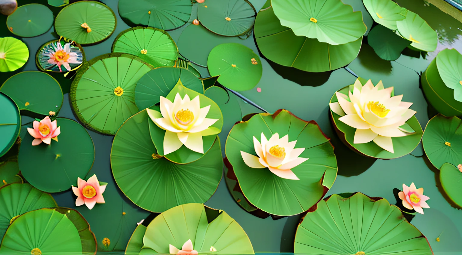 There are many different types of flowers and fish in the water, lotuses, Lotus pond, lotus flowers on the water, lotuses, the lilies. 8 k'', zen natural background, lotus flower, Lotus, background artwork, with lotus flowers, Nature background, high-quality wallpaper, beautiful composition 3 - d 4 k, water lilies, Beautiful wallpaper