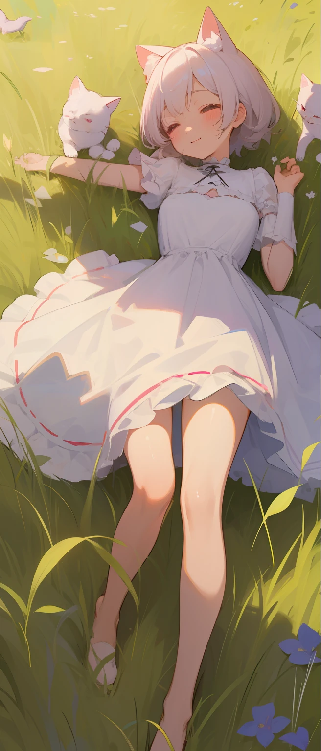 ((4k、masterpiece、top-quality))、Dresses with frills、One Girl、独奏、short white colored hair、a smile、is standing、grass field、bare-legged、Pink eyes、glistning skin、Sauce order、cat ear、blue-sky、Sleeping on your back