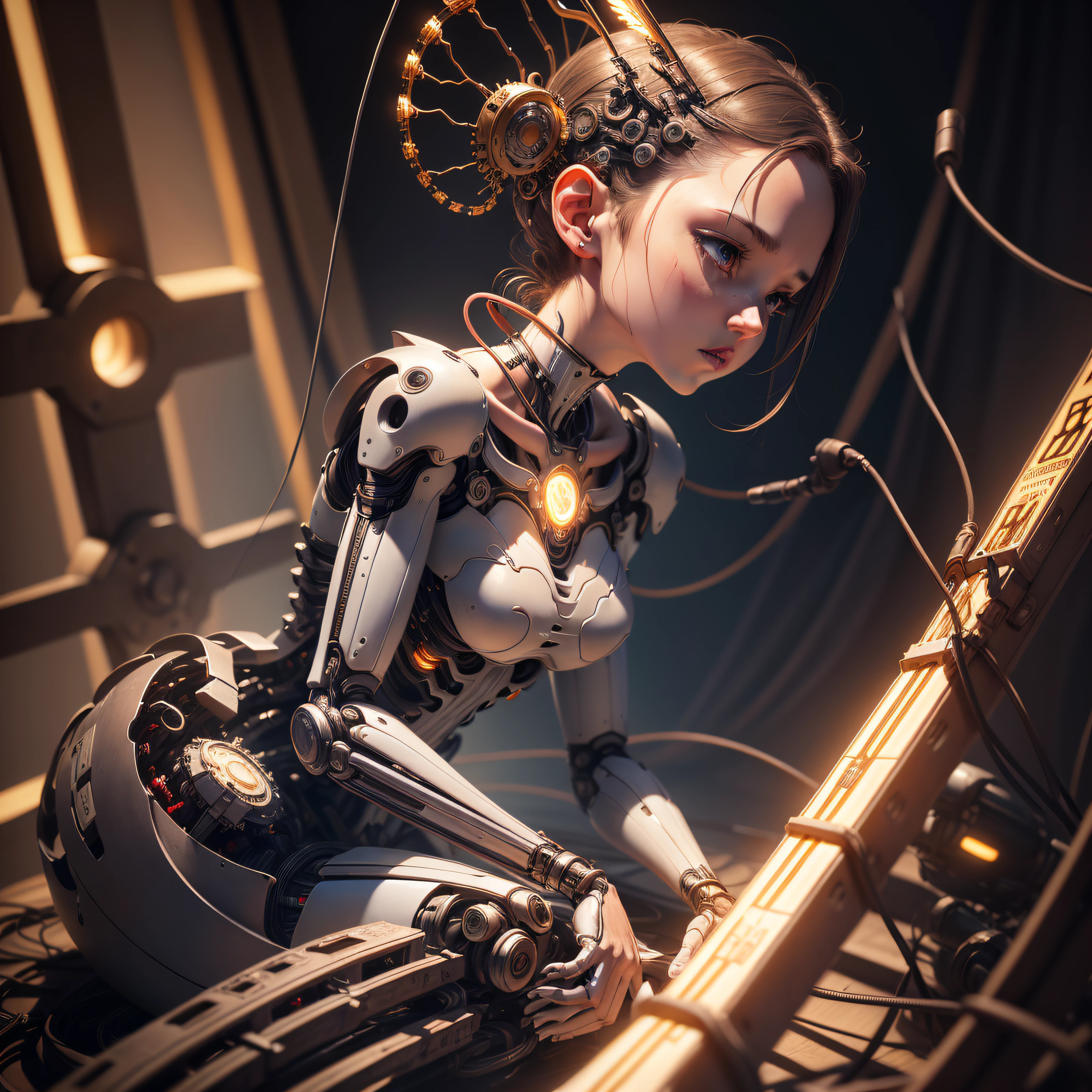 (((masterpiece))), (((best quality))), ((ultra-detailed)), (highly detailed CG illustration), ((an extremely delicate and beautiful)),(from side),cinematic light,((1mechanical girl)),solo,full body,(machine made joints:1.2),((machanical limbs)),(blood vessels connected to tubes),(mechanical vertebra attaching to back),((mechanical cervial attaching to neck)),(sitting),expressionless,(wires and cables attaching to neck:1.2),(wires and cables on head:1.2)(character focus),science fiction,extreme detailed,colorful,highest detailed