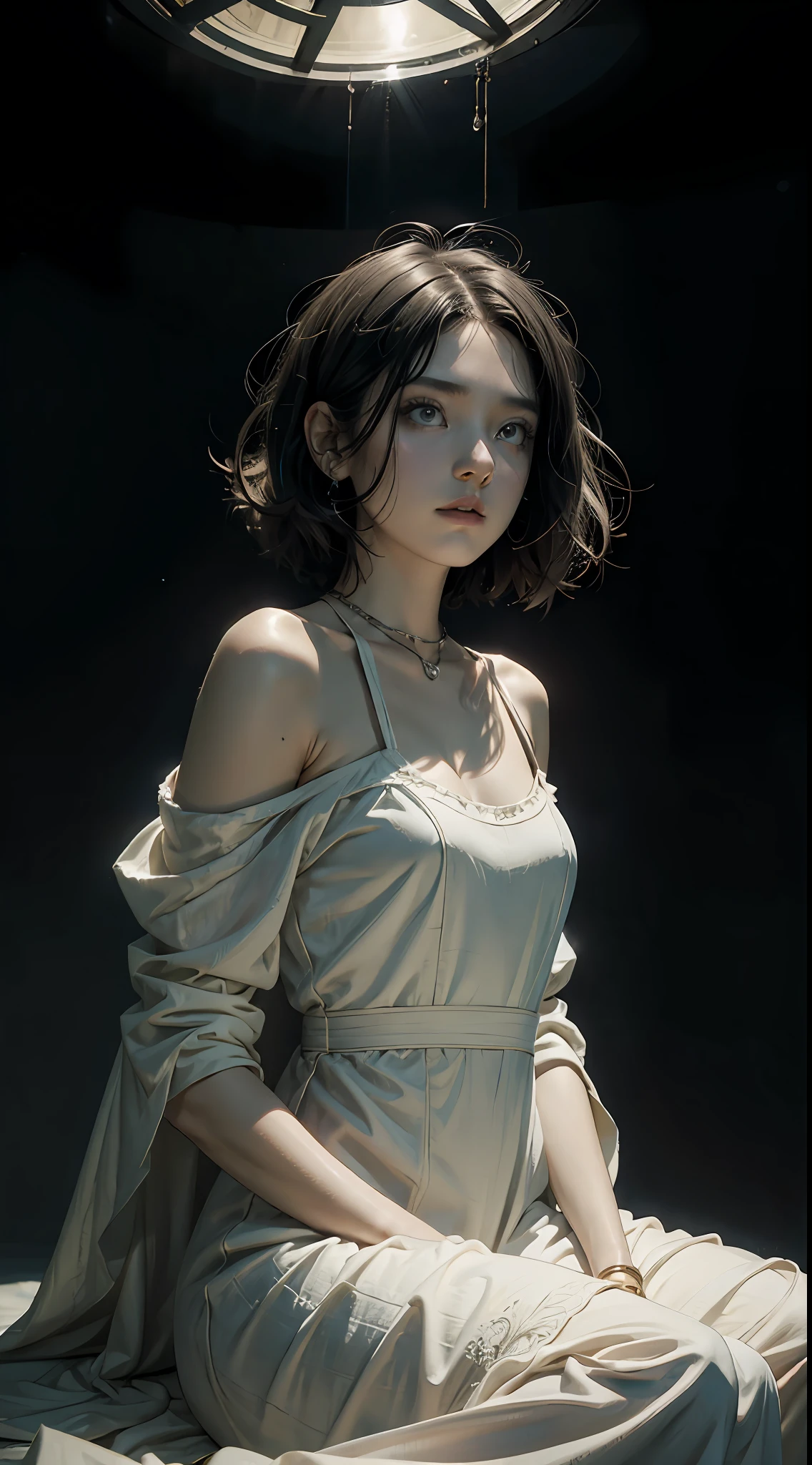 a beauty girl、natta、Onepiece、Plain dress、off shoulders、Floating hair, Short hair, secret room、canny、Black Parade、surrealism, Verism, Cinematic lighting, Glowing light, drop shadow, Fisheye, ultra wide-angle, F/16, masutepiece, High quality, high details, Super Detail, Textured skin, Best Quality, 4K