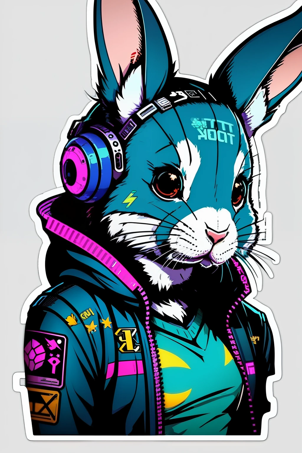 ((stickers)),white background,simple background,concept art,sots art, Cyberpunk rabbit, anthro rabbit in Cyberpunk clothing, cinematic lighting