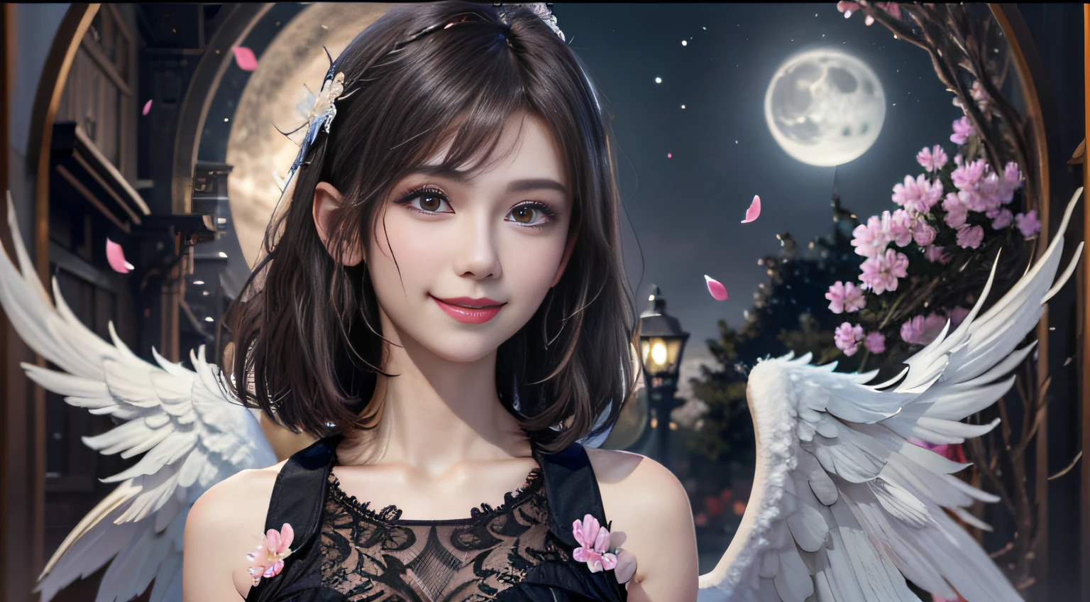 Beautiful angel woman、Beautiful white wings、Soaring petals、Floral hair ornament、White Mesh Bob Cut、Perfect eyes、look at a camera、Arms crossed、kindly smile、face perfect、Moonlight lighting、Full Moon Night、３D Real、Looking at the camera、Detailed upper body concept