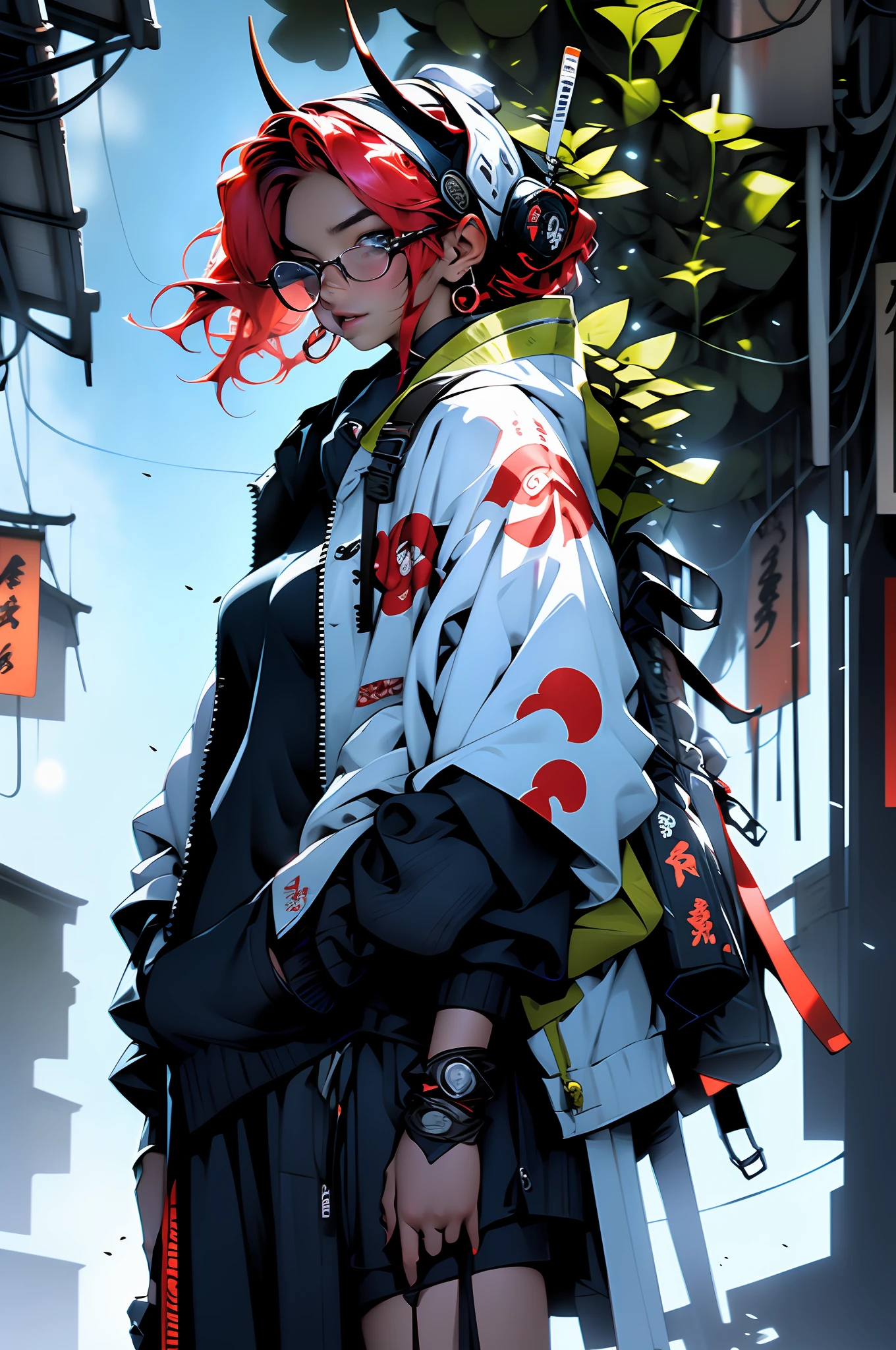 Create an AI illustration of a confident female samurai with red hair, curly long hair, and blue eyes. She has a strong expression and tanned skin, with two oni horns on her forehead.large_breasts, She is wearing a sturdy suit of armor and holds a (cigarette while) confidently wielding an exceptionally large Japanese gun in the midst of a battle. The background depicts houses from the Edo period on fire. Please generate the illustration in the highest quality possible.