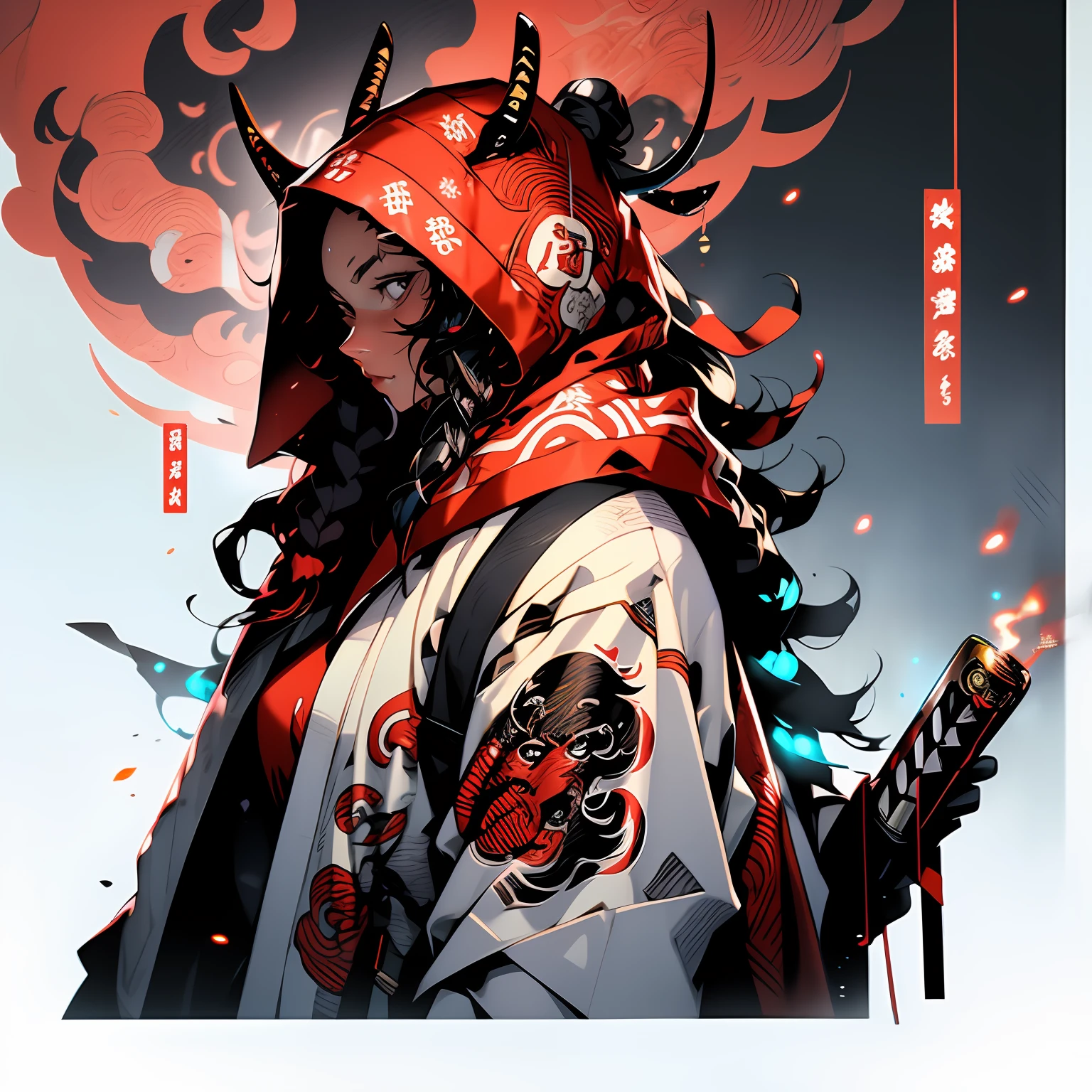 Create an AI illustration of a confident female samurai with red hair, curly long hair, and blue eyes. She has a strong expression and tanned skin, with two oni horns on her forehead.large_breasts, She is wearing a sturdy suit of armor and holds a (cigarette while) confidently wielding an exceptionally large Japanese gun in the midst of a battle. The background depicts houses from the Edo period on fire. Please generate the illustration in the highest quality possible.