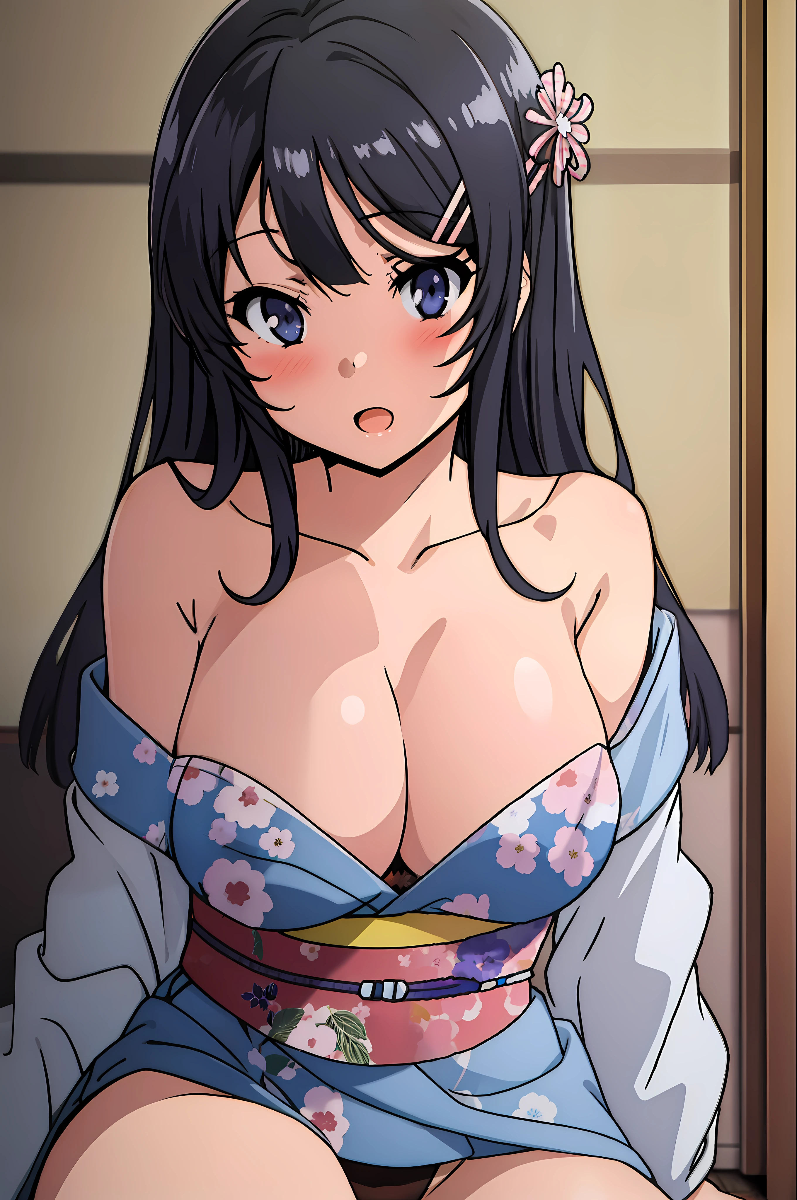 sakurajima mai, mai-san, (masterpiece), 1girl, japanese clothes, solo, sexy kimono, kimono, show panties, show bra, black panties, black bra, medium breasts, cleavage, blush, paintbrush, calligraphy brush, bedroom background, ink, bare shoulders, off shoulder, looking at viewer, sash, smile, collarbone, sitting, obi, floral print, wide sleeves, parted bangs, between breasts, holding, open mouth, nsfw, low-necked, sexy, (high resolution)