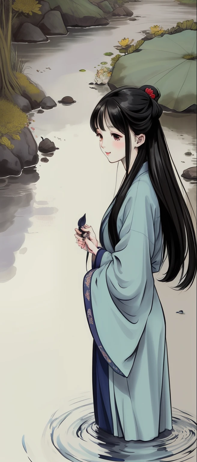 ((4k,masterpiece,best quality)), shuimobysim, traditional chinese ink painting, lotus, hanfu, maxiskit, dress conservatively 1girl, solo, long blue hair, smile, standing, feet in the water, barefoot,