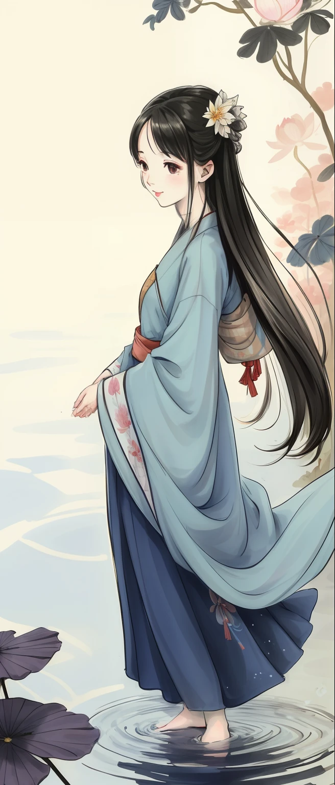 ((4k,masterpiece,best quality)), shuimobysim, traditional chinese ink painting, lotus, hanfu, maxiskit, dress conservatively 1girl, solo, long blue hair, smile, standing, feet in the water, barefoot,