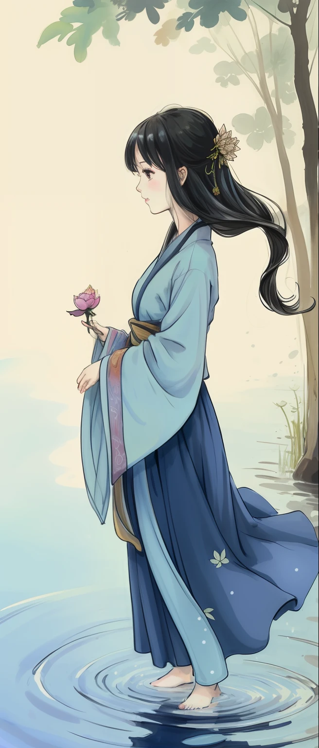 ((4k,masterpiece,best quality)), shuimobysim, traditional chinese ink painting, lotus, hanfu, maxiskit, dress conservatively 1girl, solo, long blue hair, smile, standing, feet in the water, barefoot,