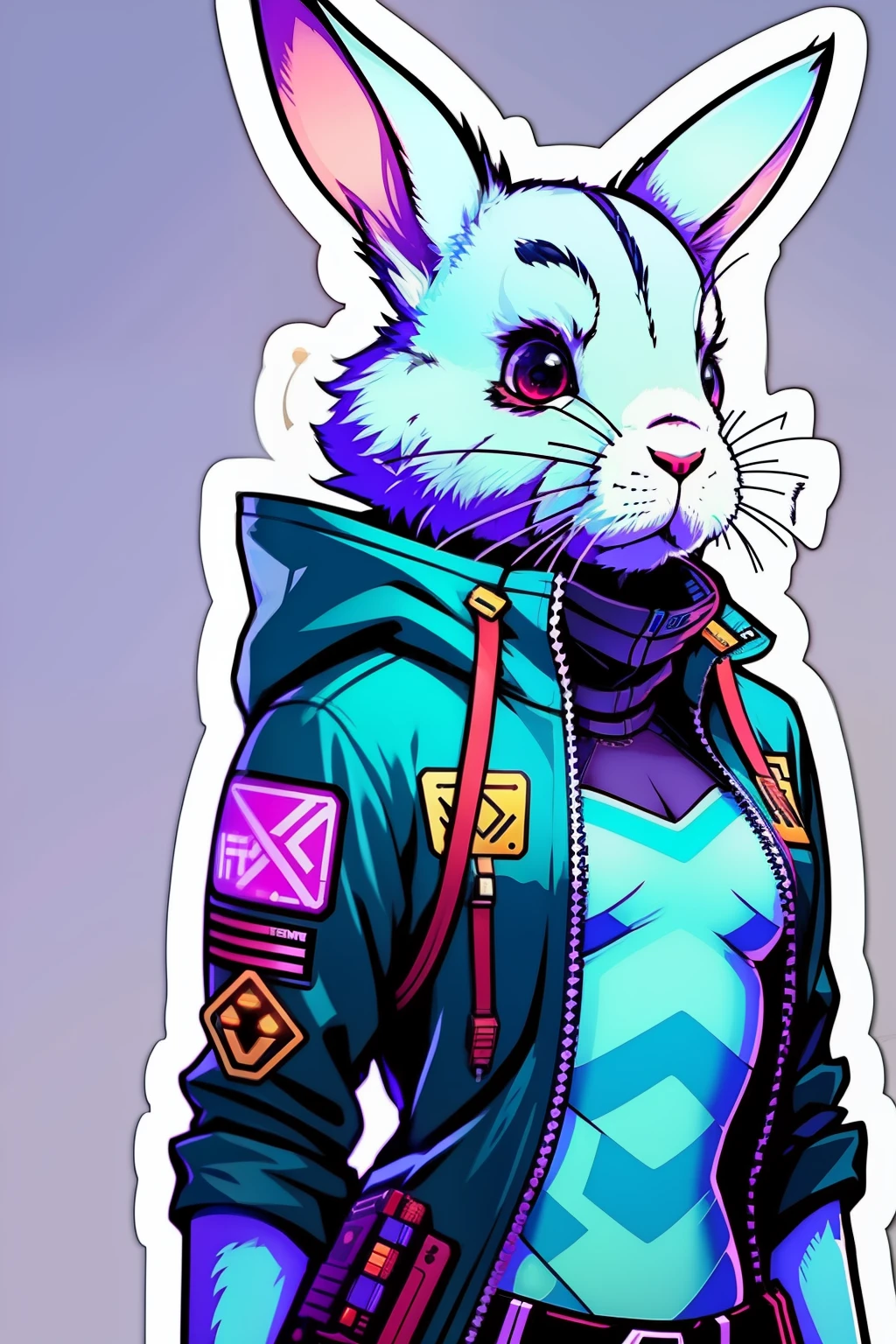 ((stickers)),white background,simple background,concept art,sots art, Cyberpunk rabbit, anthro rabbit in Cyberpunk clothing, cinematic lighting