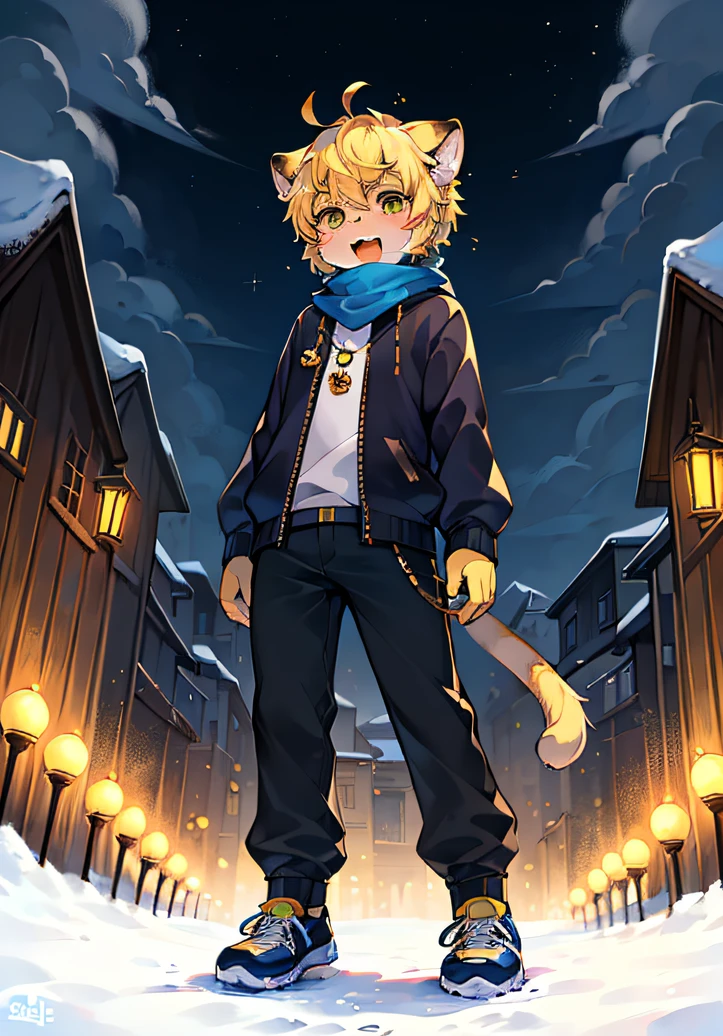 spheres,trpical garden,short detailed hair,blond hairbl,ahoge,bell,Earphone,lowerbody,Gamine,hairy pubic,Cat ears,with her mouth open,clouds,daysies,Skysky,suns,in the winter,No spots,Cubs,Yellow hairs everywhere,Yellow fur everywhere,Cat ears,Cat type,tmasterpiece,High-quality portraits,human - shaped,Cubs,sbeard,Solitary child boy,ventania,full-shot,full bodyesbian,Black sweatshirt,black long pants,Blue scarf,black sneaker shoes,Super cute face,Cute boys