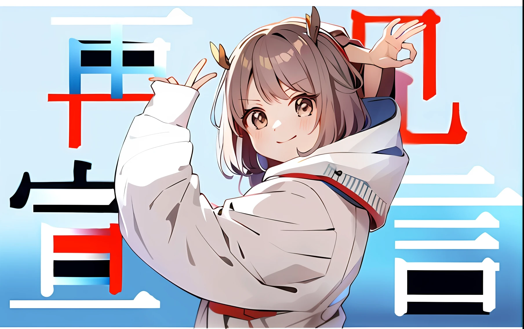Anime characters with Asian characters in the background and Japanese characters in the background, anime visual of a cute girl, anime moe art style, with index finger, Kantai collection style, in an anime style, Cute anime style, In anime style, Anime!!!!!!!!!!!!!!!, up of young anime girl, Official artwork, clean and meticulous anime style, in style of kyoto animation, Anime style illustration