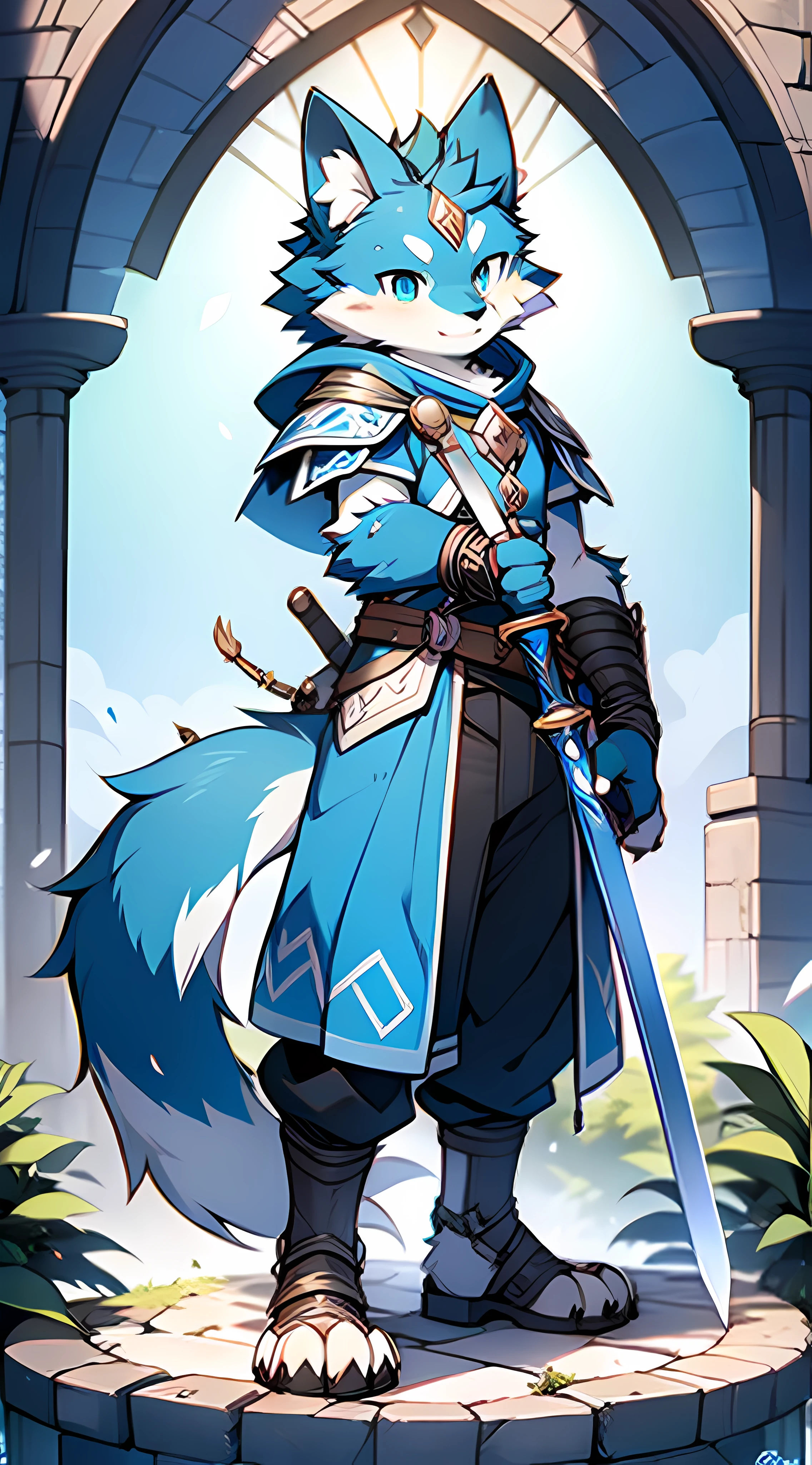 Furry,Wolf boy,The blue sword was stuck in the ground, Claw holding the hilt of the sword,Blue by Capelet,blue color eyes,Detailed characters,Gorgeous background,Simple leather clothes,shaggy,Full Body Furry,Dark blue fur,独奏,