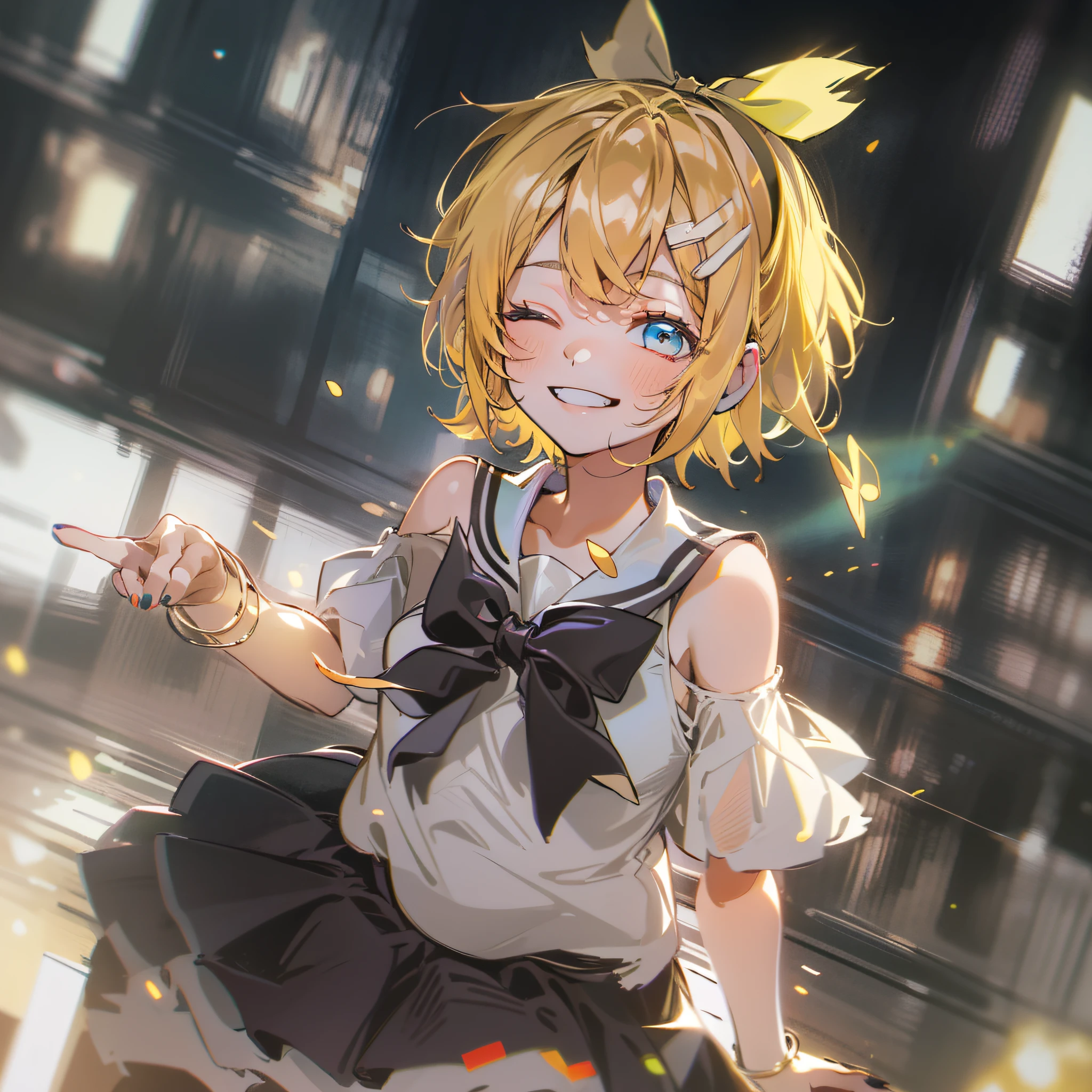 closed mouth,1girl, solo, stage, particle, of lights, masterpiece, best quality, kagamine rin, yellow hair, outdoors,hair ornament, smile, hairclip, blue eyes, looking at viewer, sailor collar, short hair, yellow neckerchief, neckerchief, bow, upper body, hair bow, shirt, bangs, sleeveless, yellow nails, black sailor collar, white shirt, sleeveless shirt, swept bangs, nail polish, treble clef, white bow