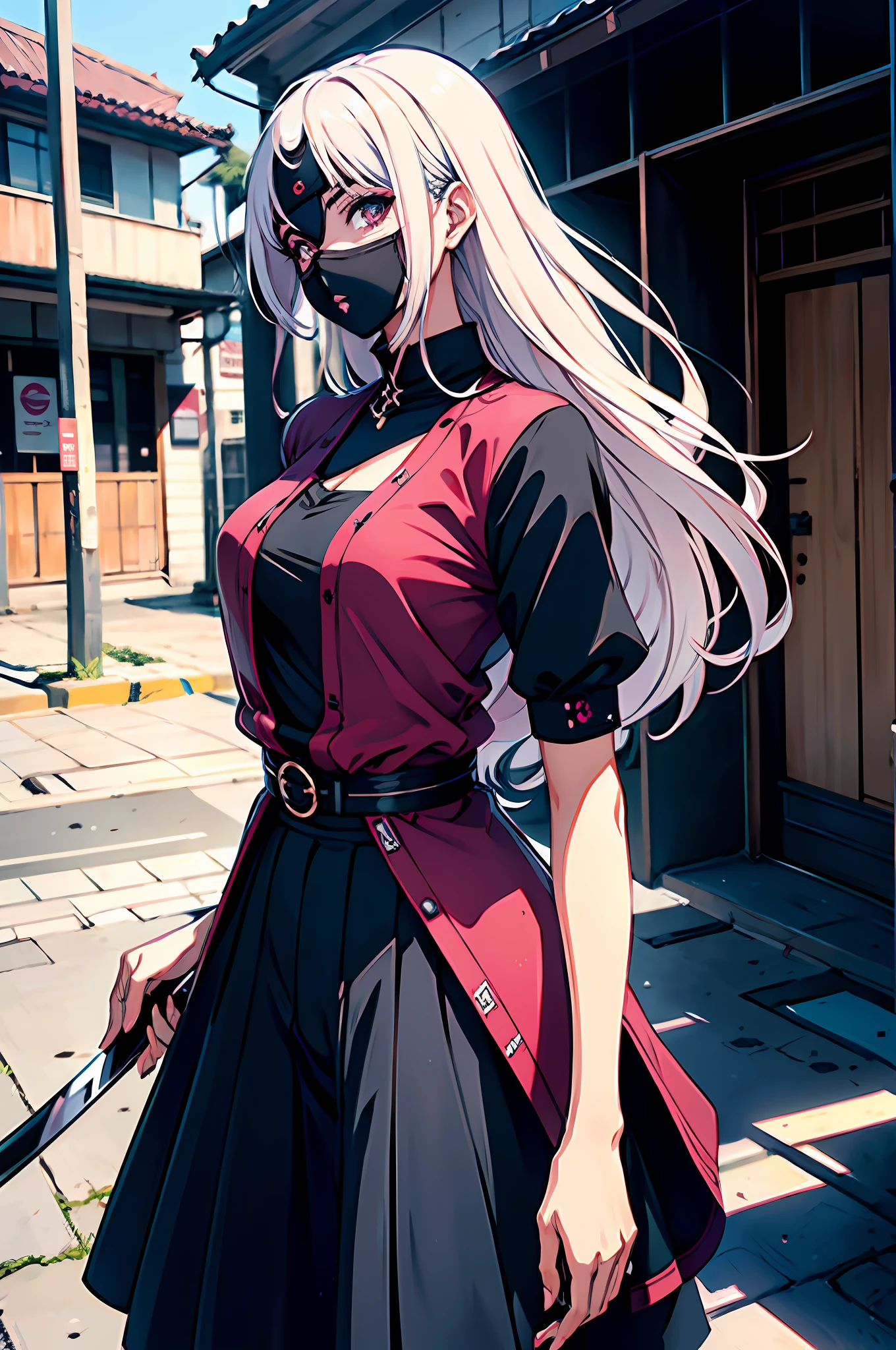 "(mulher bonita, sedutora) segurando uma (katana), (cabelo longo e rosa), (olhos azuis), (roupa branca), (estilo anime 8k), (imagem ultra detalhada), (cidade)"