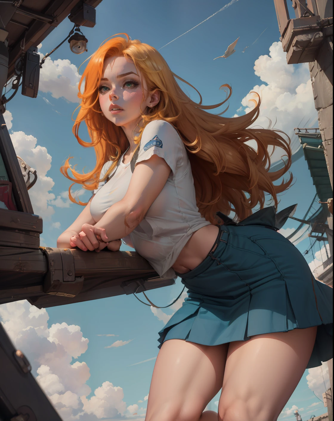 8k,masterpiece, bset quality,big, (1 girl), Kim Possible, green_eyes, orange hair, long hair, professional lighting, (shiny skin: 1.2), shiny big, ((best quality)), sharp focus: 1.2, highly detailed face and skin texture, detailed eyes, perfect face, perfect body, blur art, cg, background, Big breasts, presence (20yo, mature cool and beautiful face), wearing ((blue skirt), white taut shirt, thigh), blush, (mittgal), random pose, top view, perfect eye, angry face