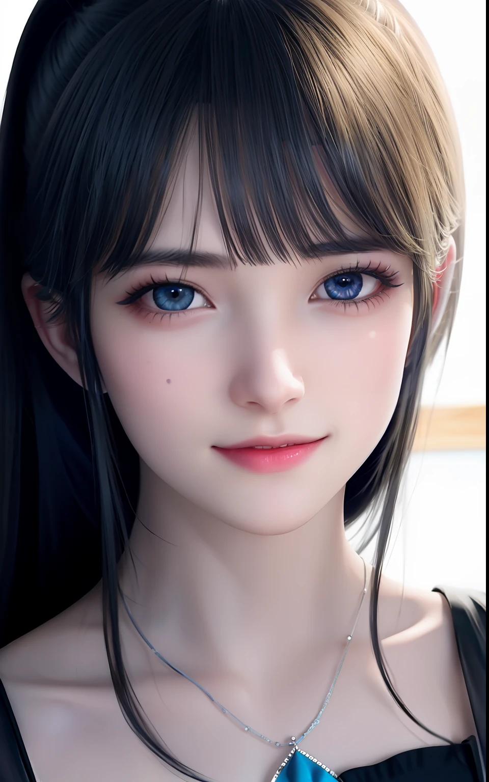 animesque、One Person１８Beautiful woman of age、Moist eyes like clear glass、Beautiful detailed woman, extremely detailed eye and face, Beautiful detailed eyes,　Moisturized eyes、ciri、a picture、androgynous hunnuman、oval jaw、Delicate features、Beautiful expression、The hair、Long bangs、long pony tail、Blue eyes with a beautiful glow、LDS Art