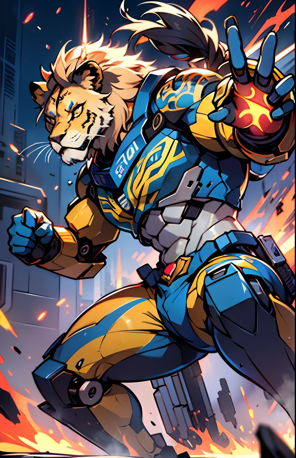 "(Anthropomorphic lion head man with mecha elements, adorned in intricate tattoos, striking a powerful and fierce fighting stance, showcasing every exquisite detail)"