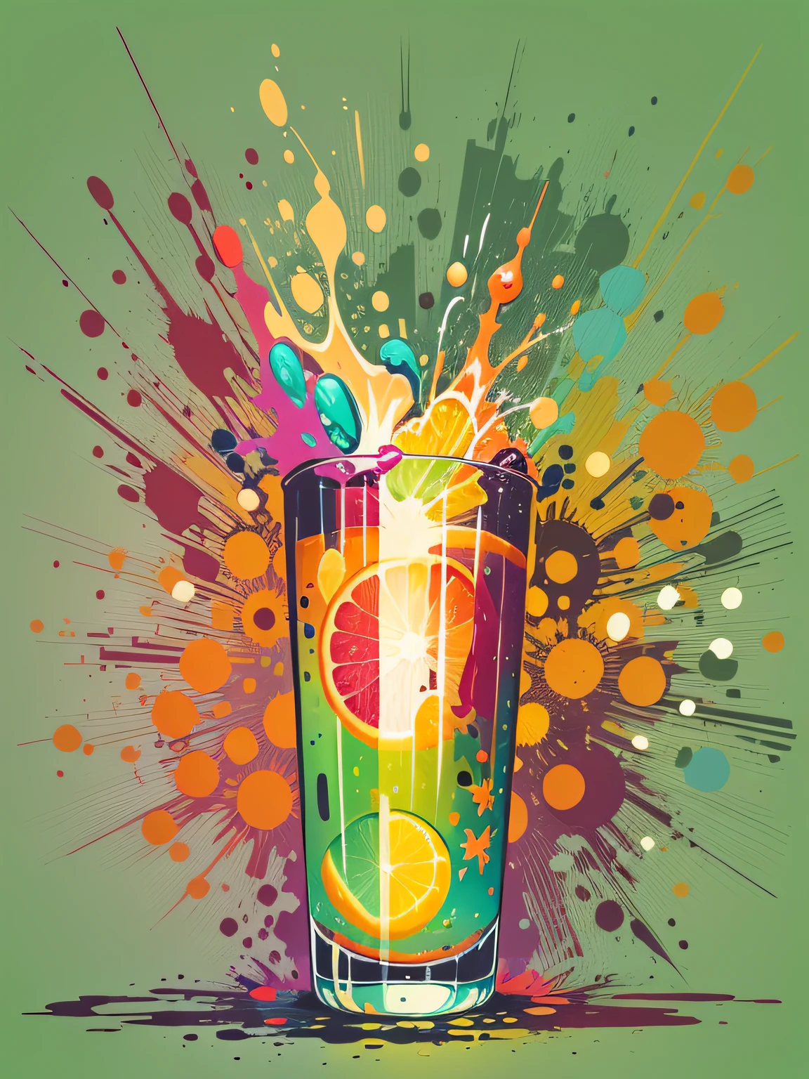 vector art, Colorful graffiti illustration of a glass of juice, in the center, Bright colors, paint splashes and blots, high detail, whitebackground