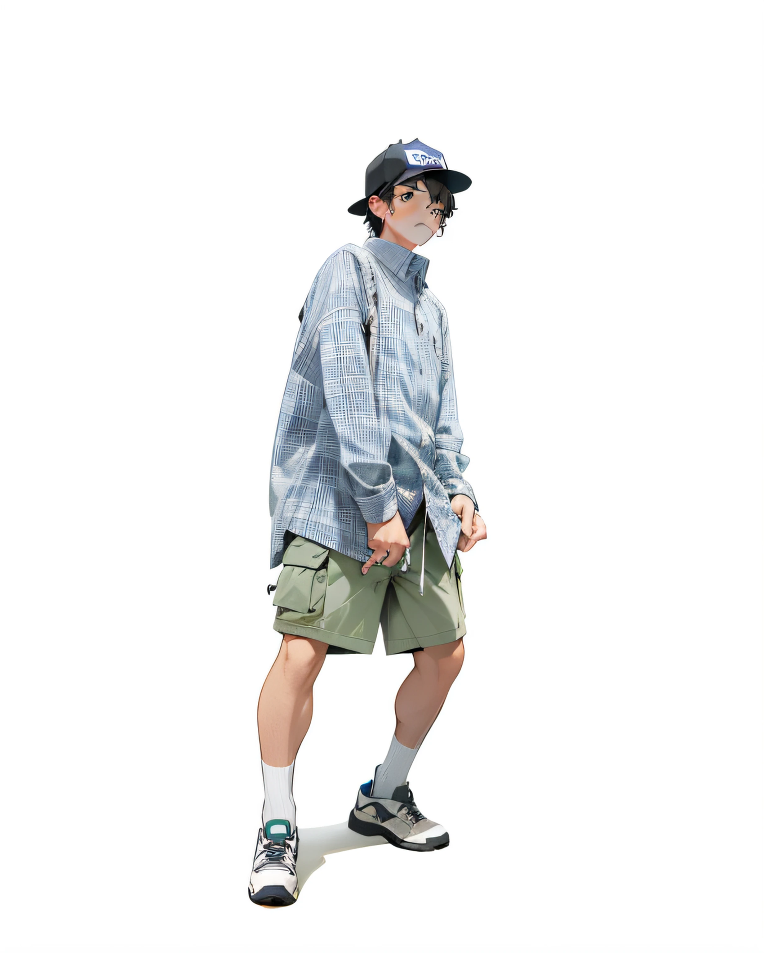 schoolboy,The details are exactly like the pictures,Small blue plaid shirt,Green cargo shorts,Apricot NB shoes,dark grey background,Have a black character reflection,The portrait color matches the picture,k hd,best detail