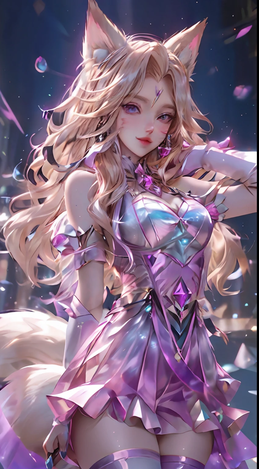 best quality,best quality, 1girl, solo, long hair, breasts, looking at viewer, blue eyes, skirt, blonde hair, gloves, dress, animal ears, bare shoulders, jewelry, medium breasts, earrings, parted lips, fox ears, fox tail, facial mark, multiple tails, whisker markings, purple gloves, pink gloves, ahri \(league of legends\)