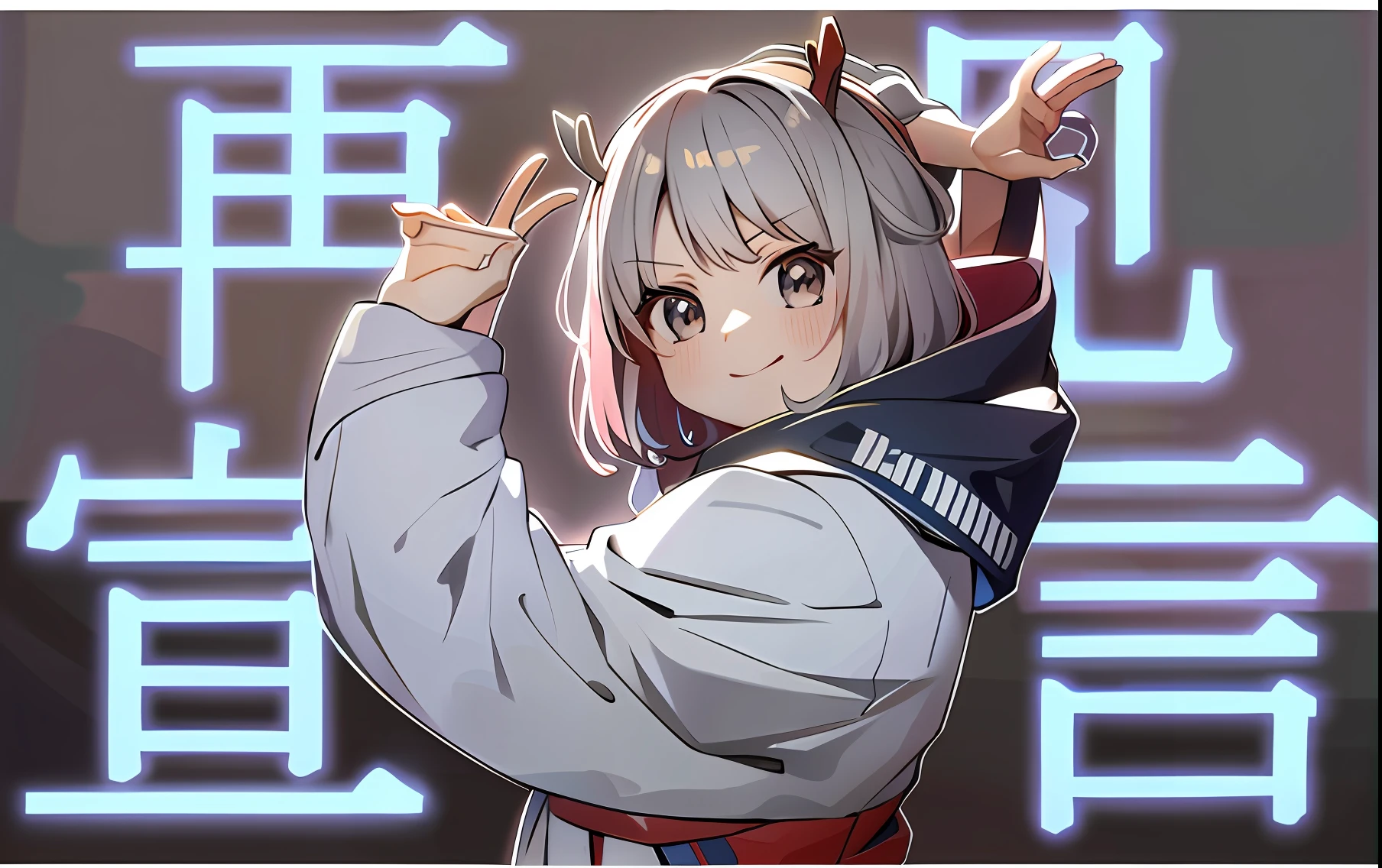 Anime characters with Asian characters in the background and Japanese characters in the background, anime visual of a cute girl, anime moe art style, with index finger, Kantai collection style, in an anime style, Cute anime style, In anime style, Anime!!!!!!!!!!!!!!!, up of young anime girl, Official artwork, clean and meticulous anime style, in style of kyoto animation, Anime style illustration