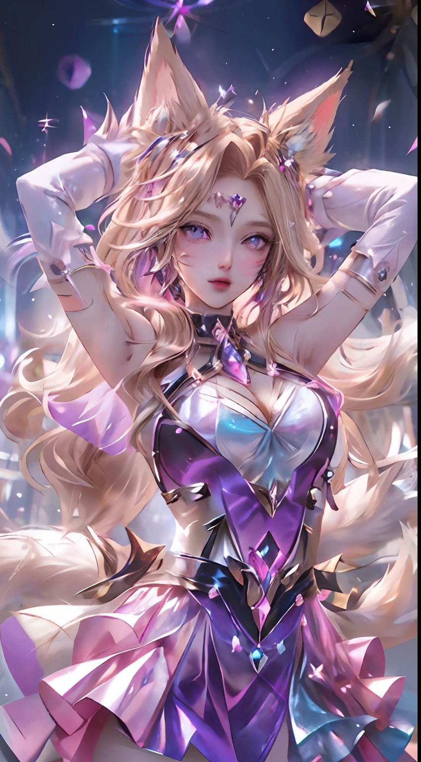 best quality,best quality, 1girl, solo, long hair, breasts, looking at viewer, blue eyes, skirt, blonde hair, gloves, dress, animal ears, bare shoulders, jewelry, medium breasts, earrings, parted lips, fox ears, fox tail, facial mark, multiple tails, whisker markings, purple gloves, pink gloves, ahri \(league of legends\)