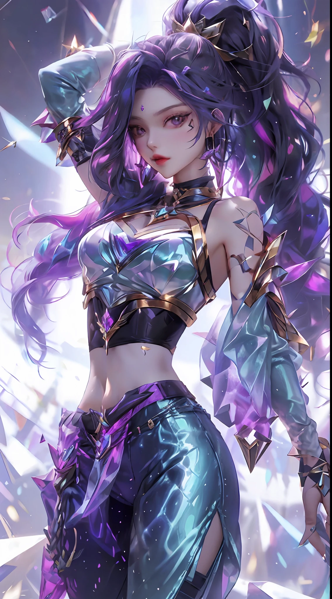 best quality, 1girl, solo, long hair, looking at viewer,  multicolored hair, earrings, detached sleeves, midriff, pants,  k/da \(league of legends\)