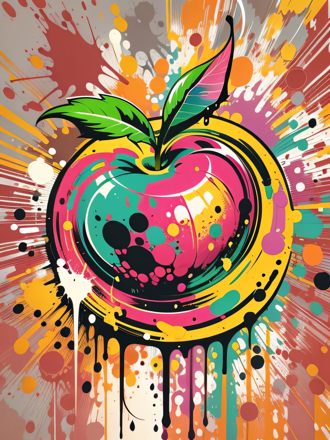 vector art, Colorful graffiti illustration juicy apple, in the center, Bright colors, paint splashes and blots, high detail, whitebackground