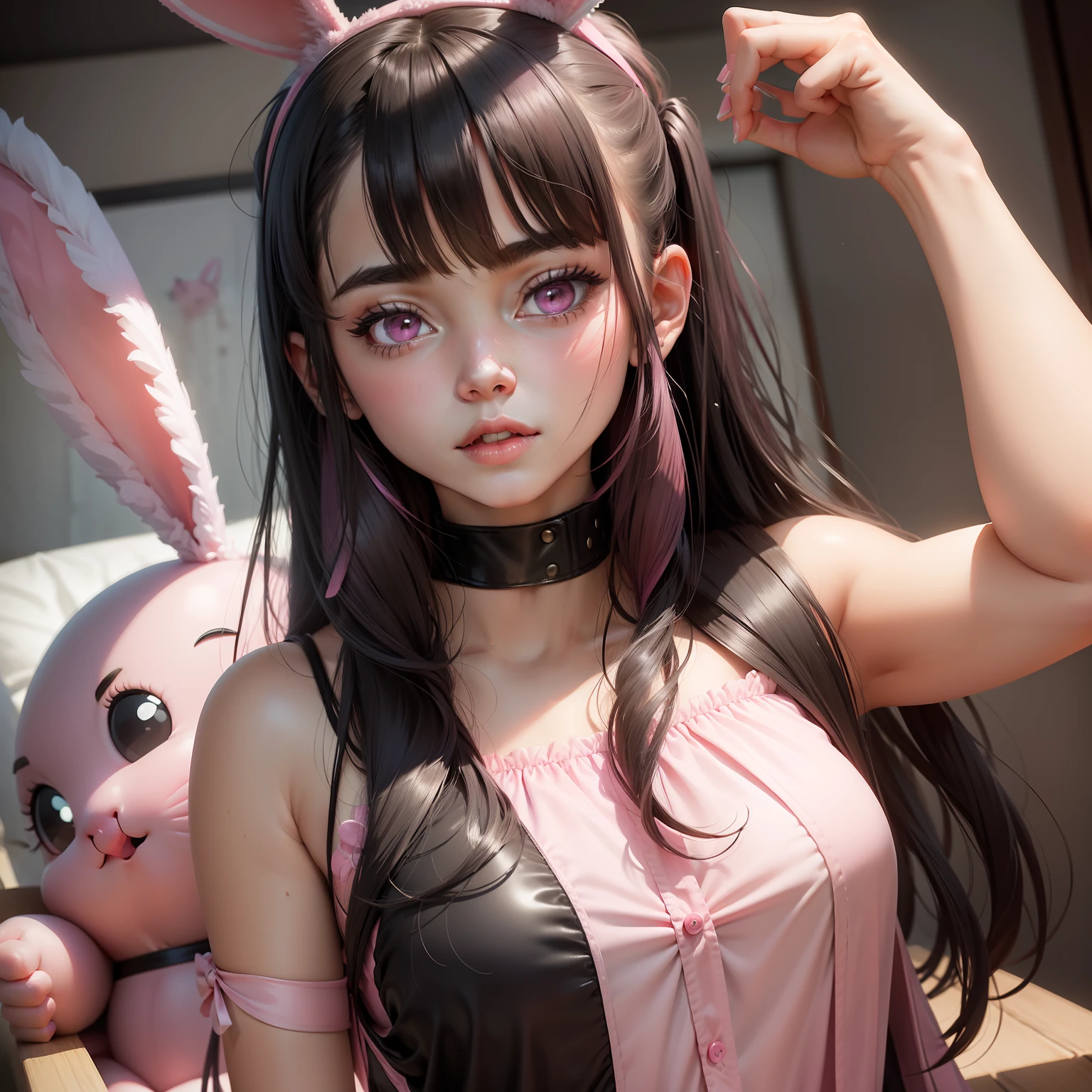 a young women, pink bunny ears, black hair, pink eyes, pink dress