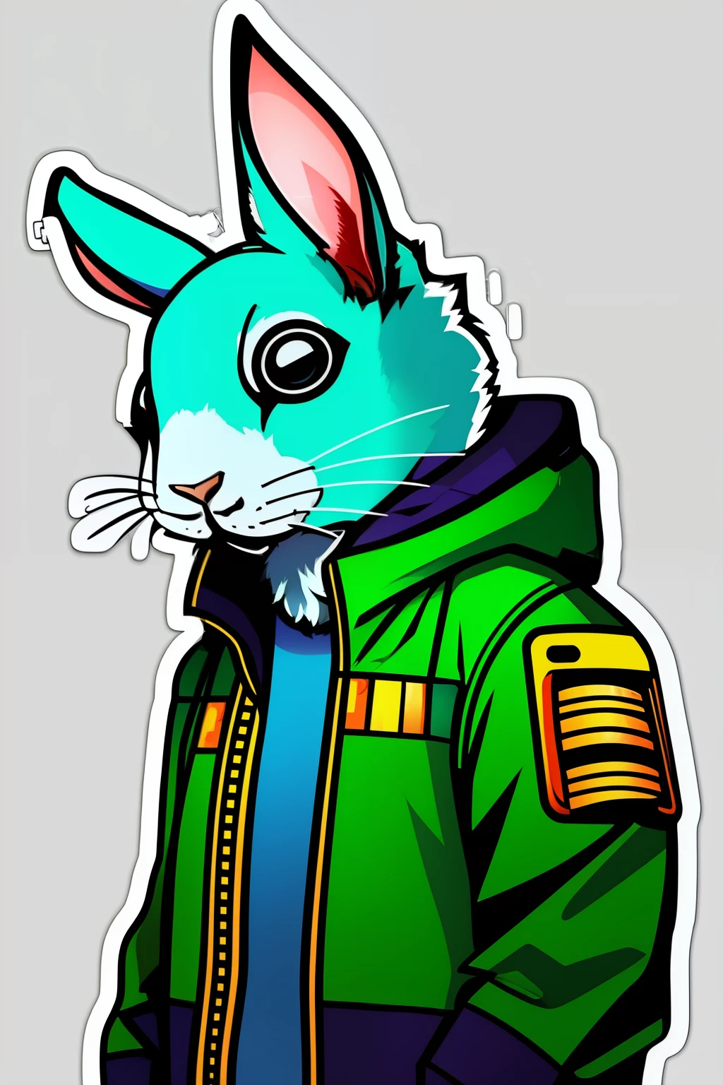 ((stickers)),white background,simple background,concept art,sots art, Cyberpunk rabbit, anthro rabbit in Cyberpunk clothing, cinematic lighting